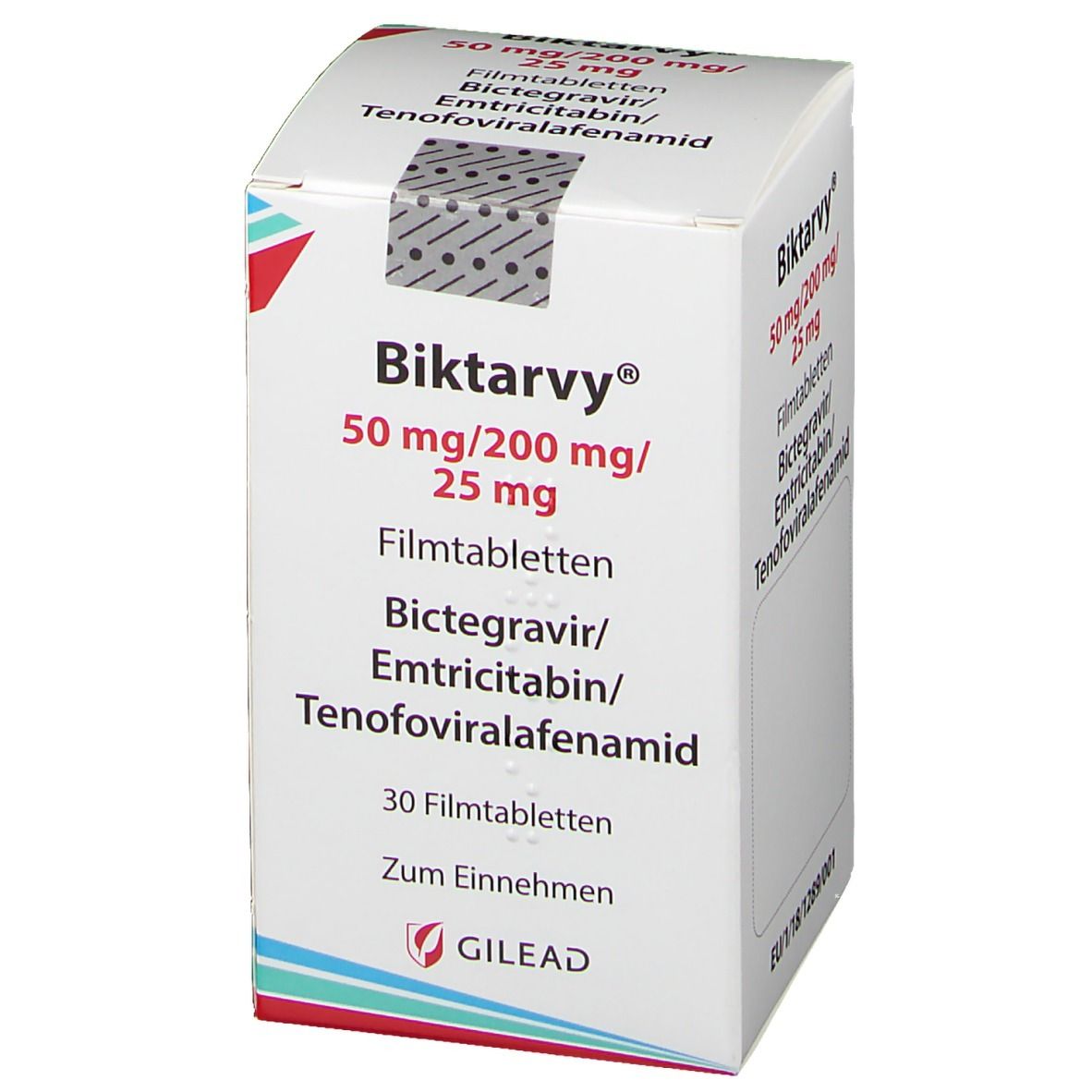 Biktarvy®-Verpackung. Enthält 50 mg/200 mg/25 mg Filmtabletten. Enthält Biktarvir, Emtricitabin und Tenofoviralafenamid. GILEAD-Logo.