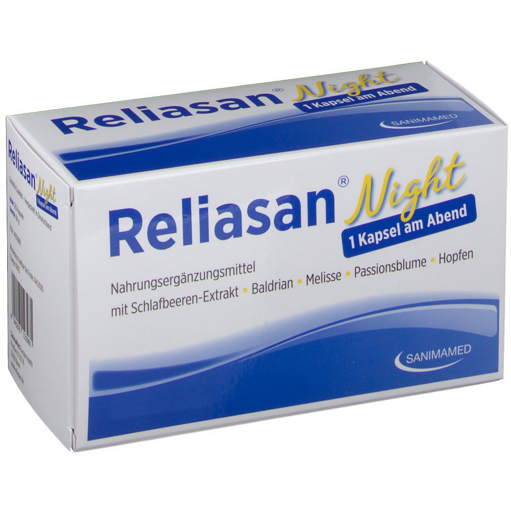 Weißer Karton mit "Reliasan Night"-Schriftzug. Enthält Nahrungsergänzungsmittel. Blaue Wellenform. "1 Kapsel am Abend".