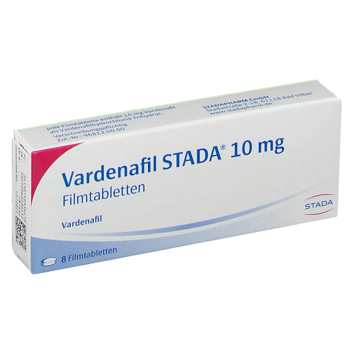 Schachtel mit Vardenafil STADA 10 mg Filmtabletten. Aufschrift: 8 Filmtabletten. Marke STADA.