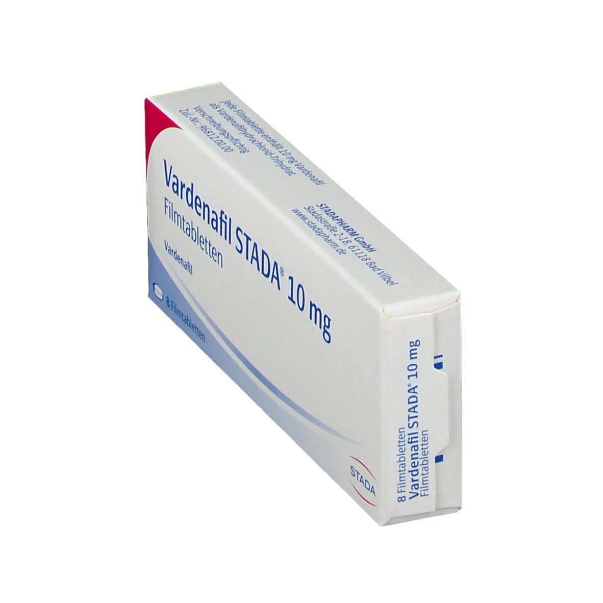 Schachtel Vardenafil STADA 10 mg, schräg. Aufschrift: 8 Filmtabletten. Marke STADA.