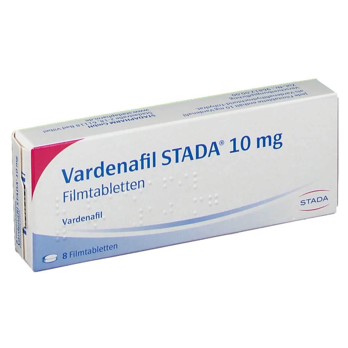 Schachtel mit Vardenafil STADA 10 mg Filmtabletten. Aufschrift: 8 Filmtabletten. Marke STADA.