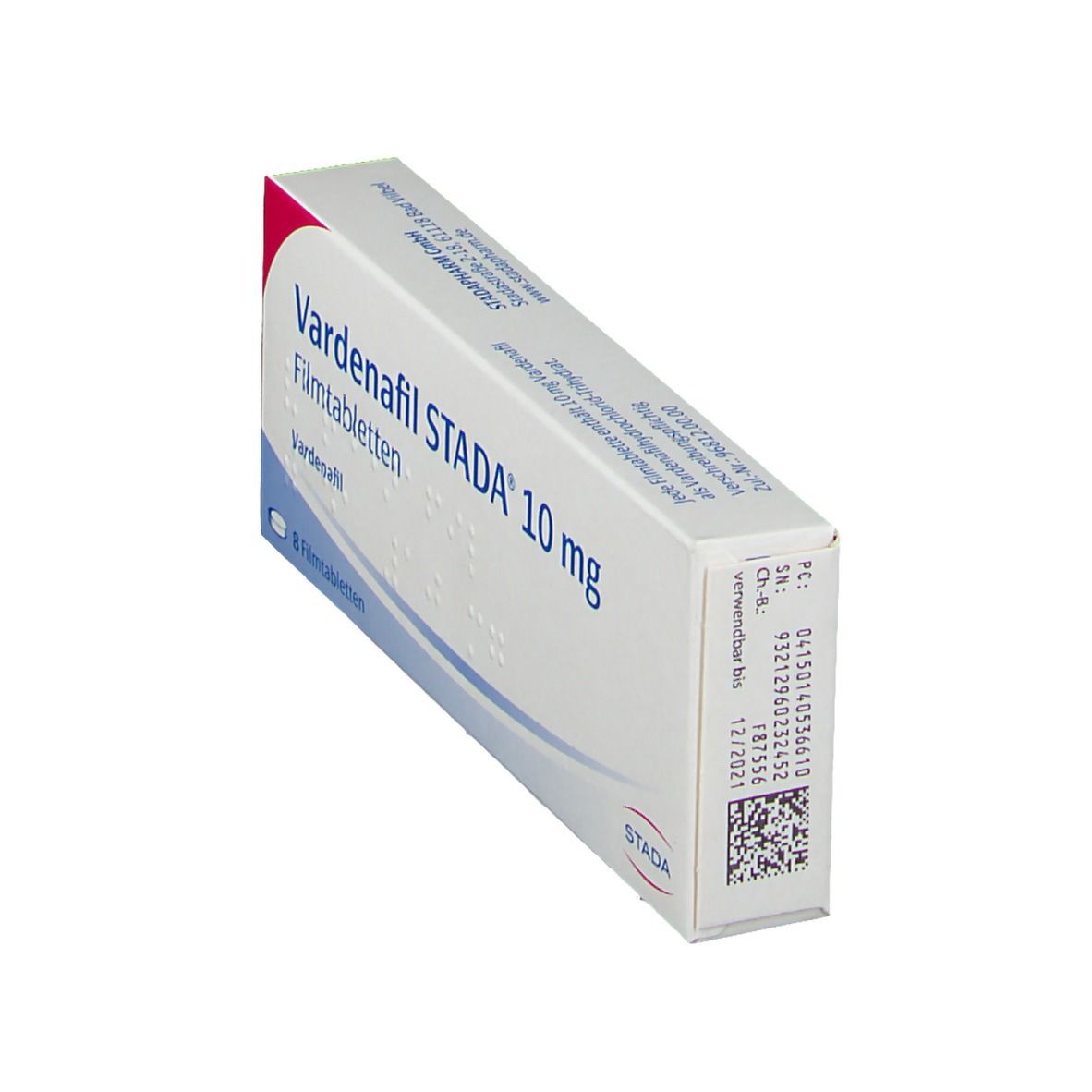 Schachtel Vardenafil STADA 10 mg, schräg. Aufschrift: 8 Filmtabletten. Marke STADA.
