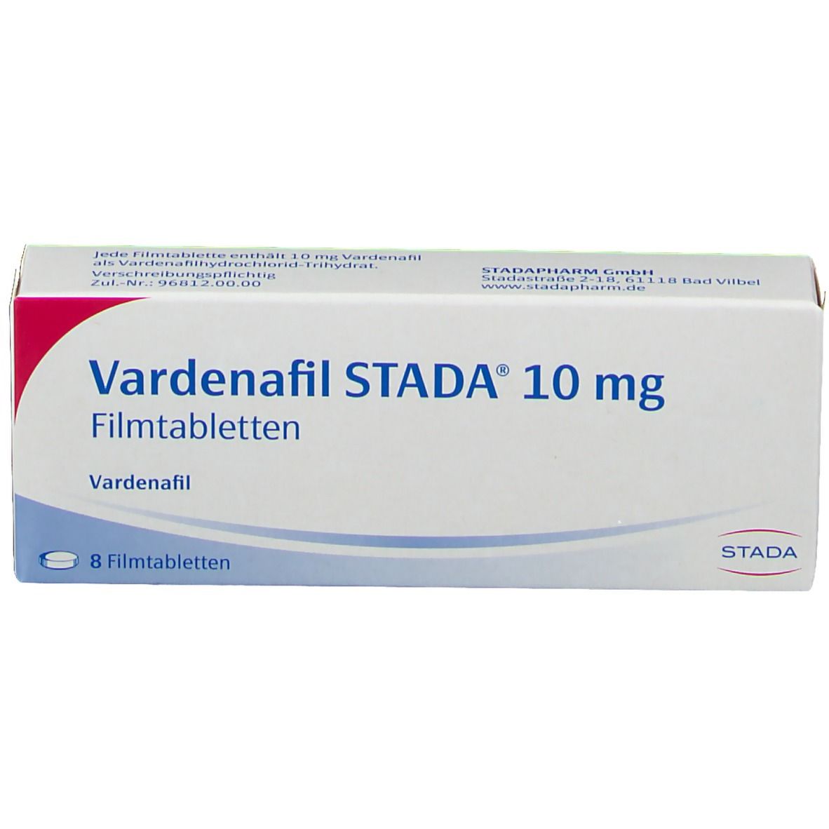 Schachtel mit Vardenafil STADA 10 mg Filmtabletten. Aufschrift: 8 Filmtabletten. Marke STADA.
