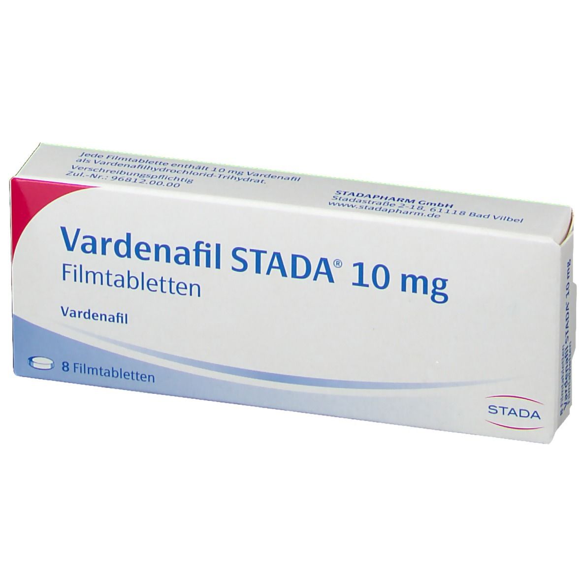 Schachtel mit Vardenafil STADA 10 mg Filmtabletten. Aufschrift: 8 Filmtabletten. Marke STADA.