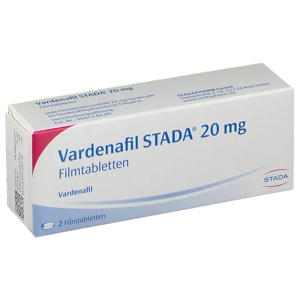 Schachtel mit Vardenafil STADA 20 mg Filmtabletten. Aufdruck: 2 Filmtabletten. Logo STADA.