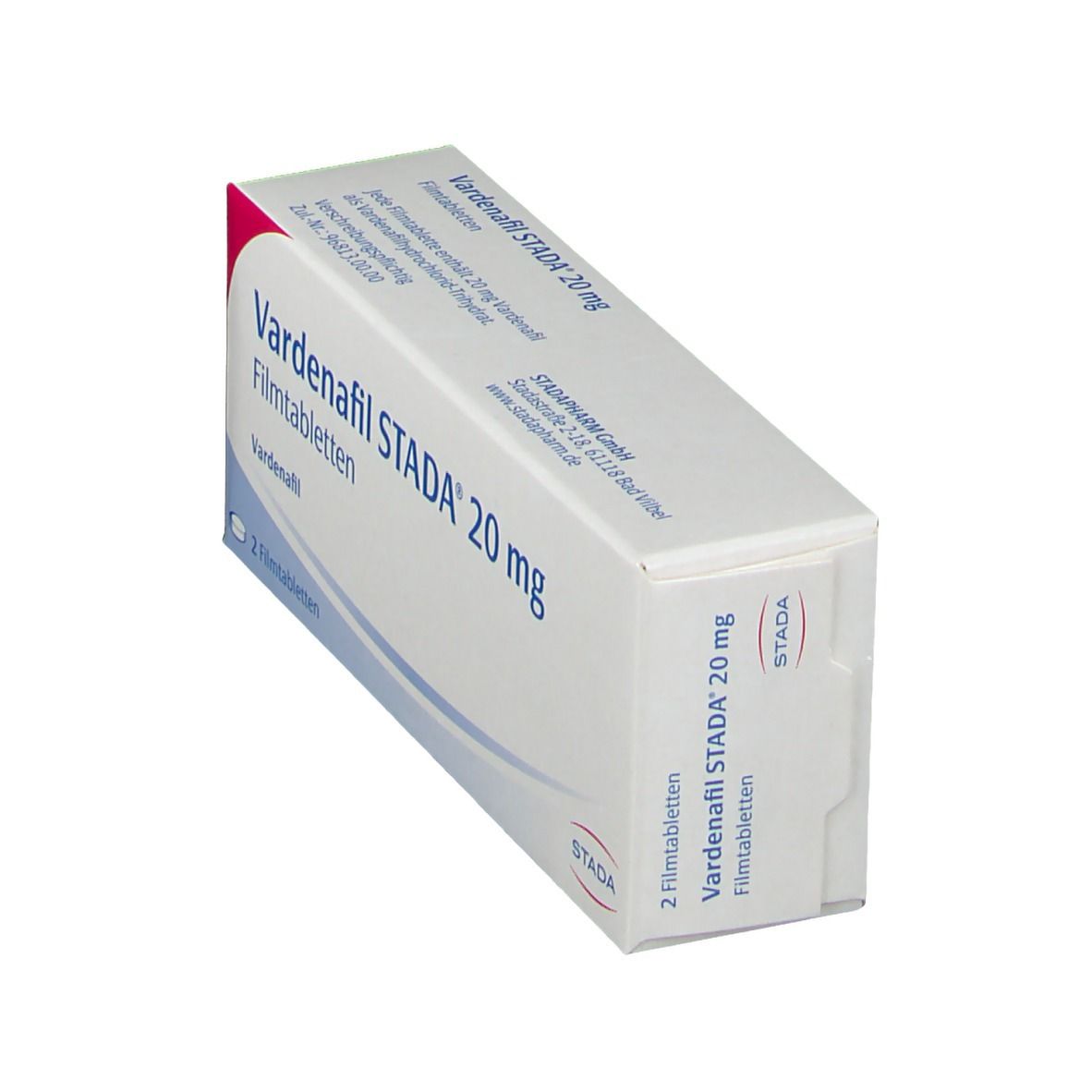 Schachtel mit Vardenafil STADA 20 mg Filmtabletten. Schräge Ansicht. Logo STADA.