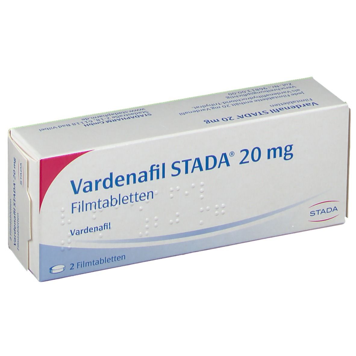 Schachtel mit Vardenafil STADA 20 mg Filmtabletten. Aufdruck: 2 Filmtabletten. Logo STADA.