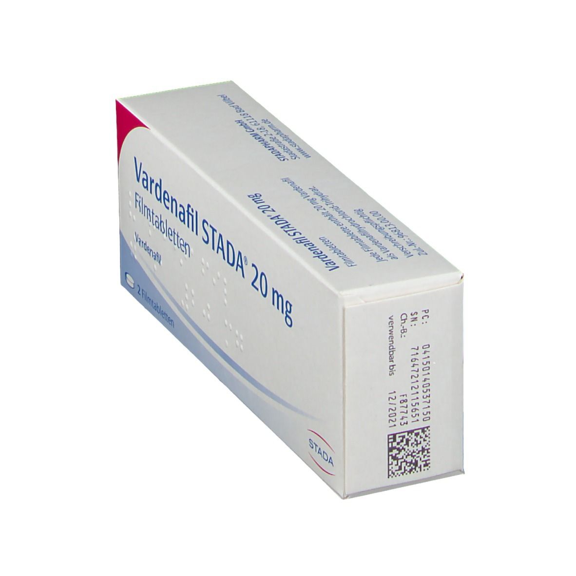 Schachtel mit Vardenafil STADA 20 mg Filmtabletten. Schräge Ansicht. Logo STADA.