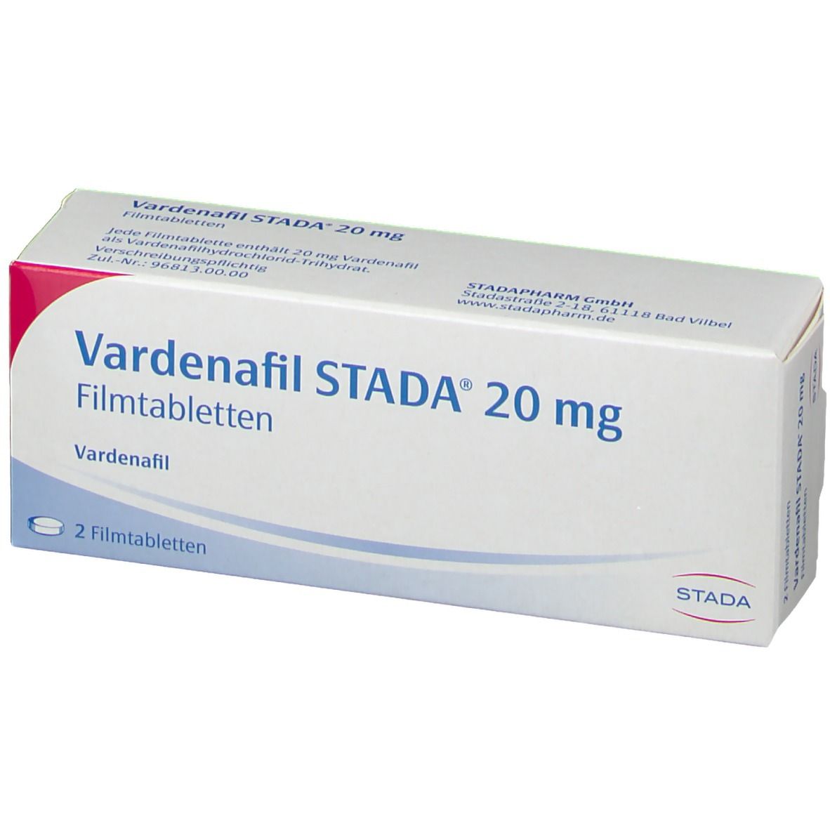 Schachtel mit Vardenafil STADA 20 mg Filmtabletten. Aufdruck: 2 Filmtabletten. Logo STADA.