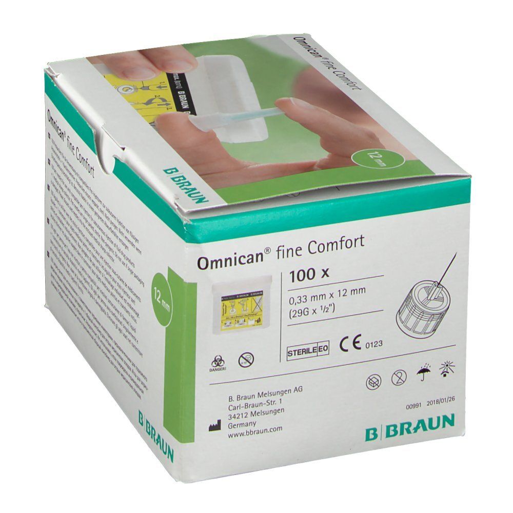 Omnican® fine Comfort Pen Kanüle 29 G x 12 mm Verpackung. Die Schachtel zeigt eine Hand, die eine Kanüle hält. B. Braun Logo. CE-Kennzeichnung.
