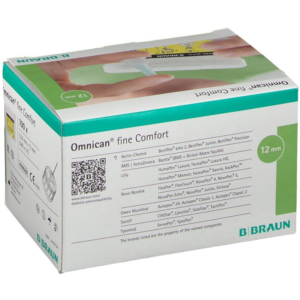 Omnican® fine Comfort Pen Kanüle 29 G x 12 mm Verpackung. Die Schachtel zeigt eine Hand, die eine Kanüle hält. B. Braun Logo. Liste der kompatiblen Pens.