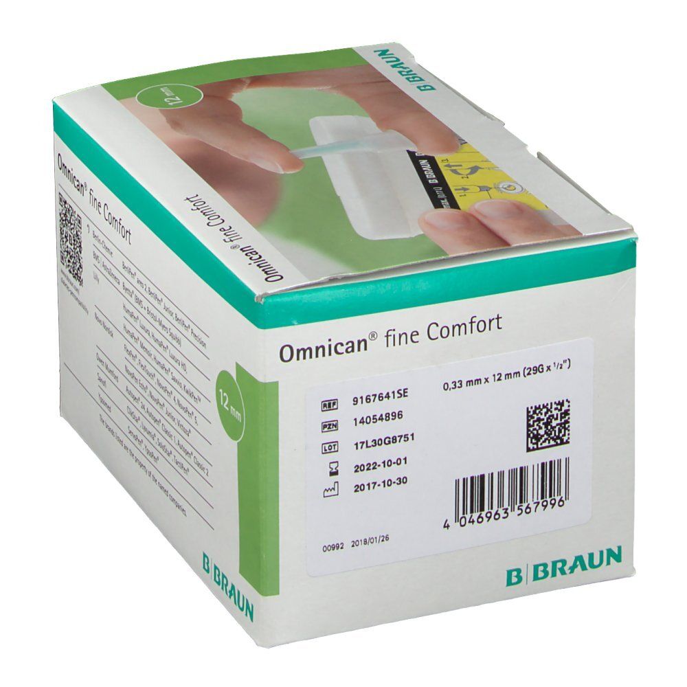 Omnican® fine Comfort Pen Kanüle 29 G x 12 mm Verpackung. Die Schachtel zeigt eine Hand, die eine Kanüle hält. B. Braun Logo. Chargennummer und Verfallsdatum.