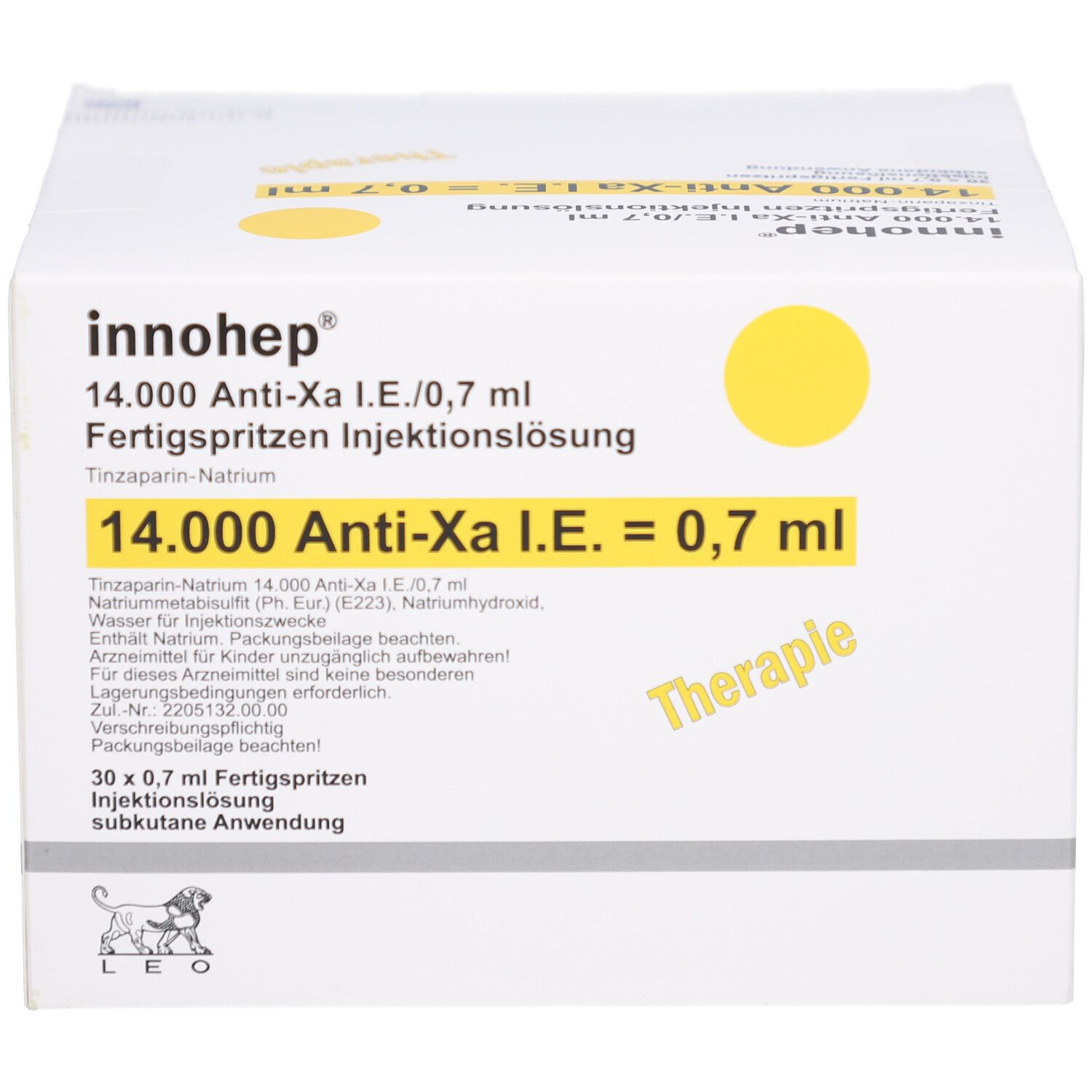 Karton mit Produktinformationen. Aufschrift: innohep 14.000 Anti-Xa I.E./0,7 ml. Fertigspritzen Injektionslösung. 30 Fertigspritzen.