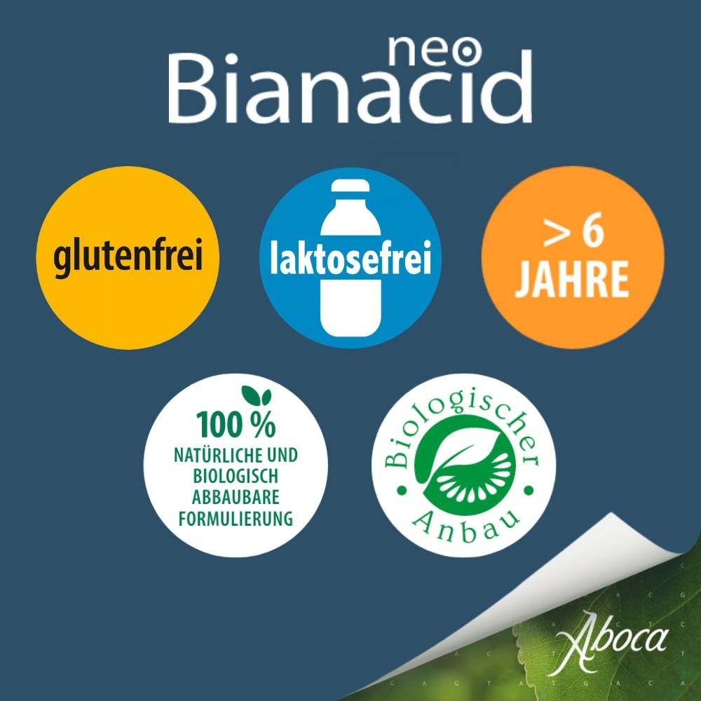 Verschiedene Symbole. Text: glutenfrei, laktosefrei, >6 Jahre, 100% natürlich, biologischer Anbau. NeoBianacid Logo.