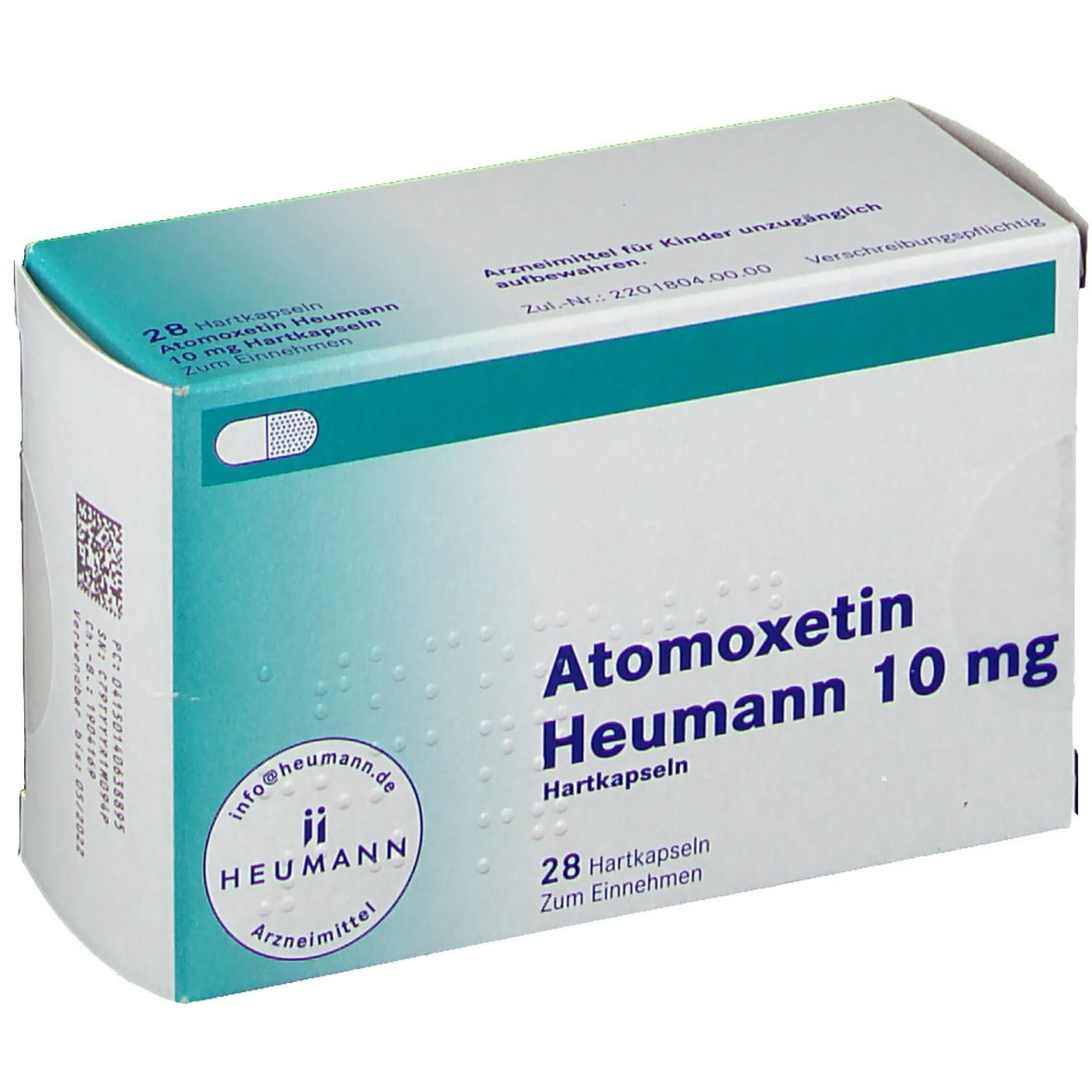 Atomoxetin Heumann 10 mg, 28 Hartkapseln. Weiße Schachtel mit türkisfarbenem Akzent. Heumann-Logo.