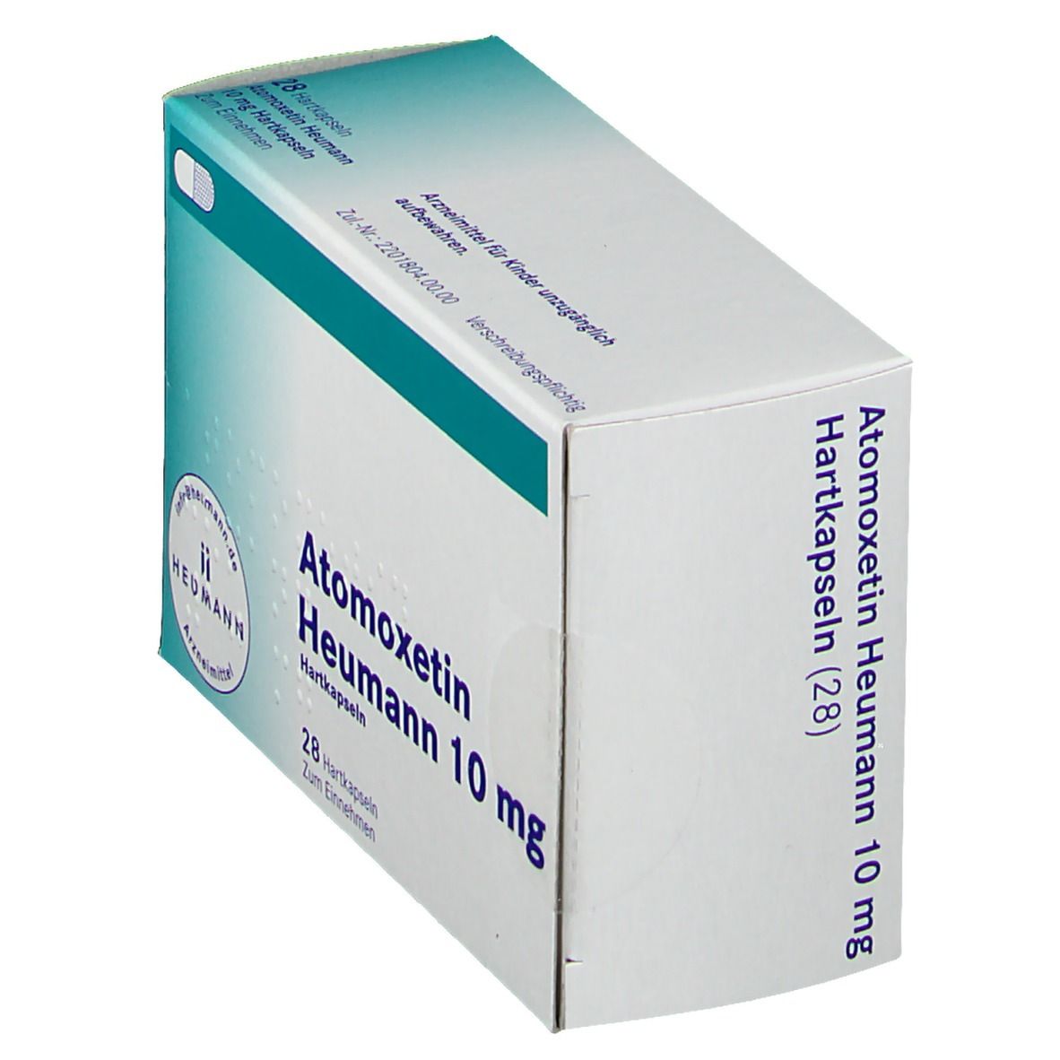 Atomoxetin Heumann 10 mg, 28 Hartkapseln. Weiße Schachtel mit türkisfarbenem Akzent. Heumann-Logo.