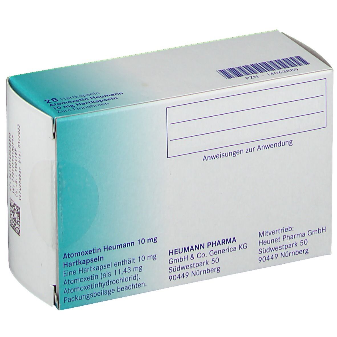 Rückseite der Atomoxetin Heumann 10 mg Packung. Enthält Informationen zu Inhaltsstoffen und Hersteller.