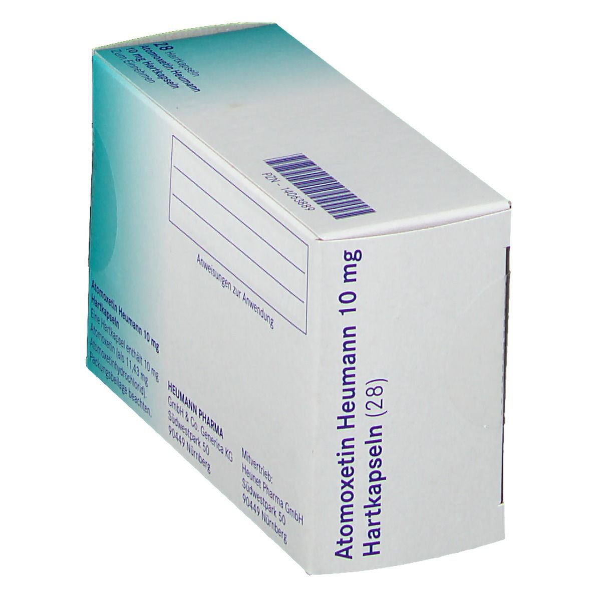 Atomoxetin Heumann 10 mg Packung. Weiße Schachtel mit türkisfarbenem Akzent. Text und Logo.