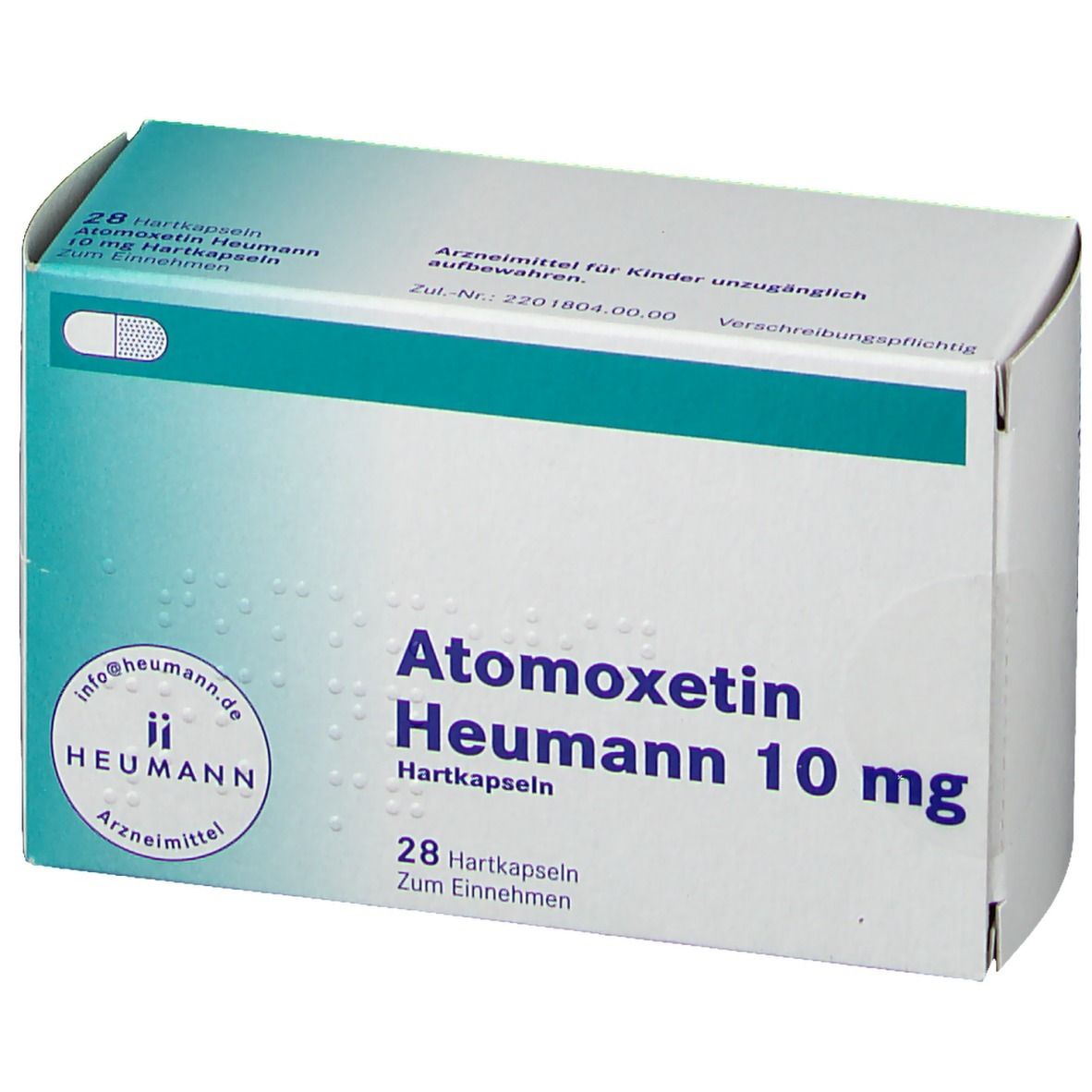 Atomoxetin Heumann 10 mg, 28 Hartkapseln. Weiße Schachtel mit türkisfarbenem Akzent. Heumann-Logo.