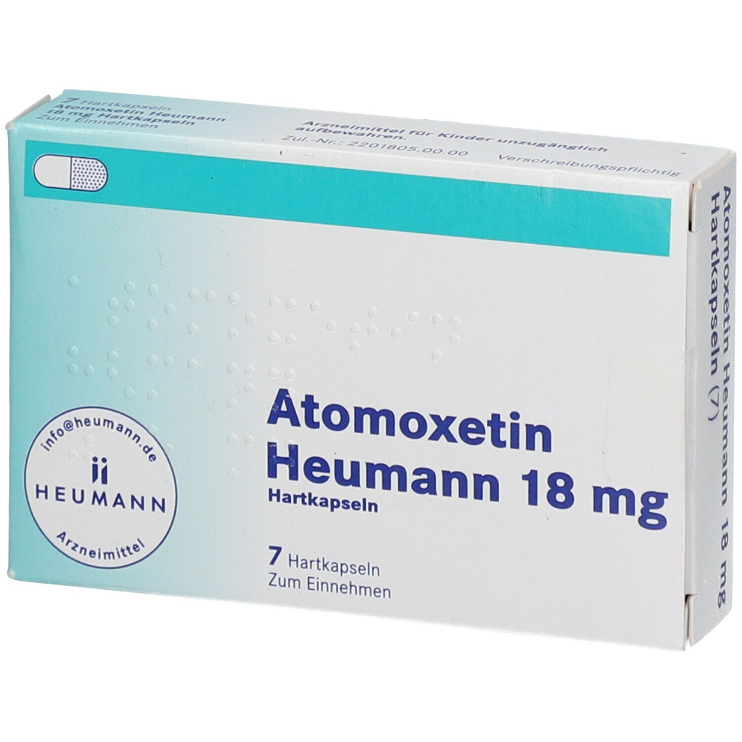 Atomoxetin Heumann 18 mg Hartkapseln-Packung. 7 Kapseln. Heumann-Logo. Aufschrift: "Arzneimittel".