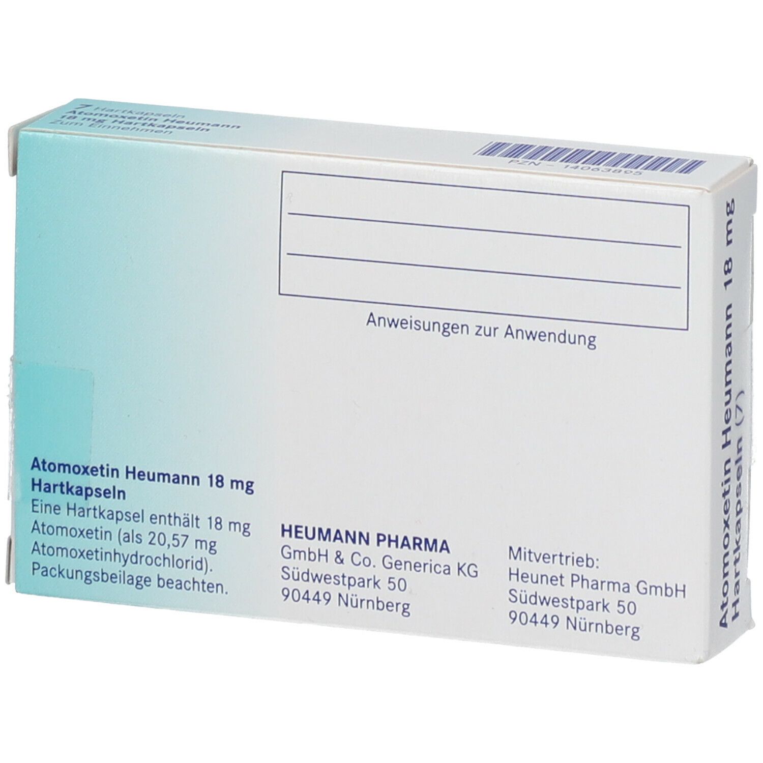 Rückseite der Atomoxetin Heumann 18 mg Packung. Angaben zur Anwendung. Heumann Pharma GmbH. Anschrift.