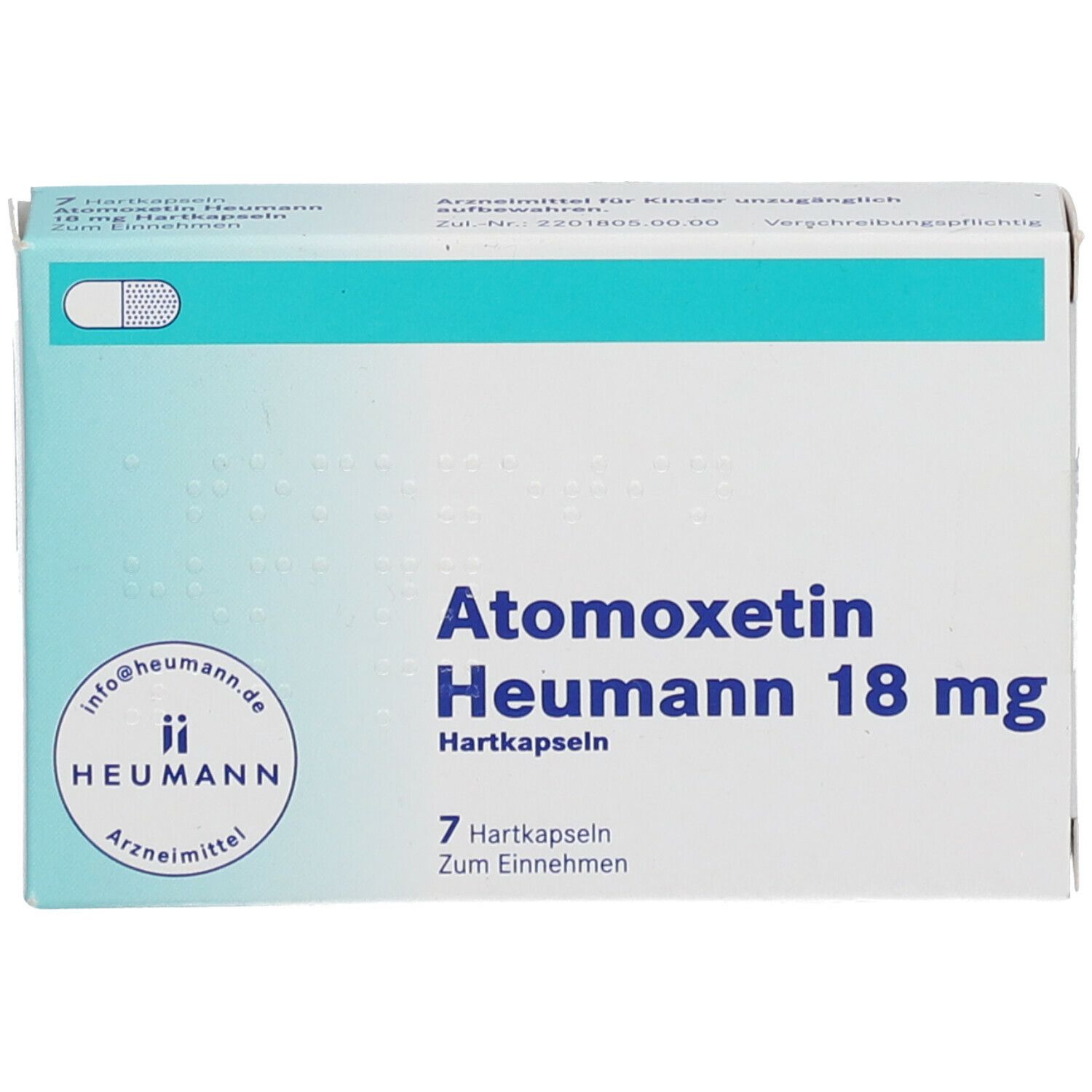 Atomoxetin Heumann 18 mg Hartkapseln-Packung. 7 Kapseln. Heumann-Logo. Aufschrift: "Arzneimittel".