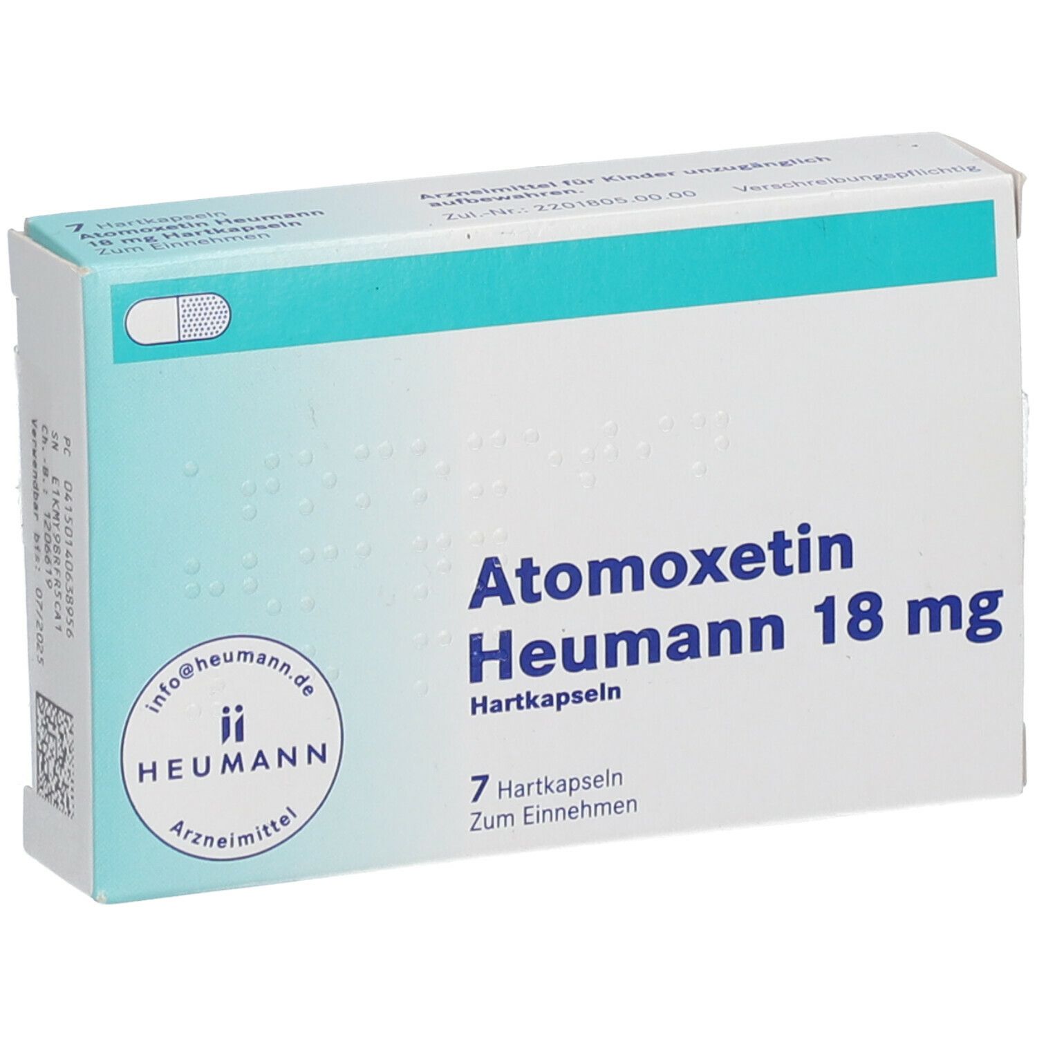 Atomoxetin Heumann 18 mg Hartkapseln-Packung. 7 Kapseln. Heumann-Logo. Aufschrift: "Arzneimittel".