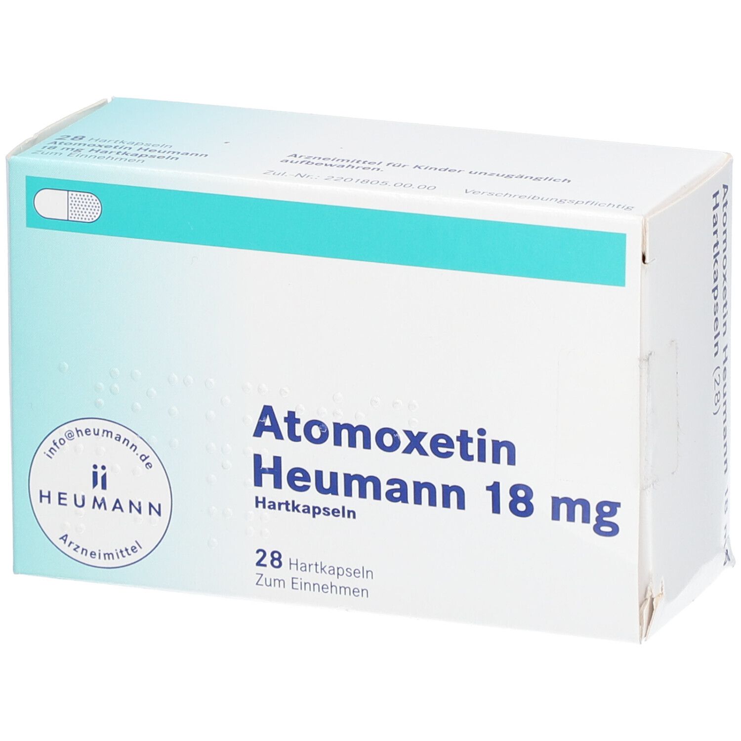 Atomoxetin Heumann 18 mg Hartkapseln. Weiße Schachtel mit blauer Schrift. 28 Kapseln. Heumann Logo.