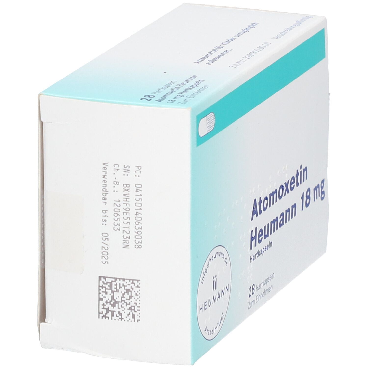 Atomoxetin Heumann 18 mg Schachtel. Seitenansicht. Weiße Schachtel mit blauer Schrift. Verfallsdatum 05/2025. Heumann Logo.