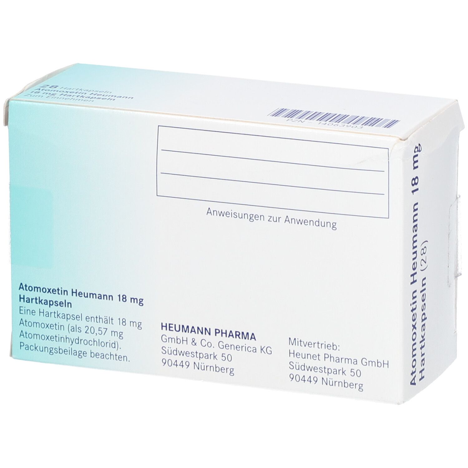Rückseite der Atomoxetin Heumann 18 mg Schachtel. Text mit Inhaltsangaben und Herstellerinformationen. Heumann Pharma.