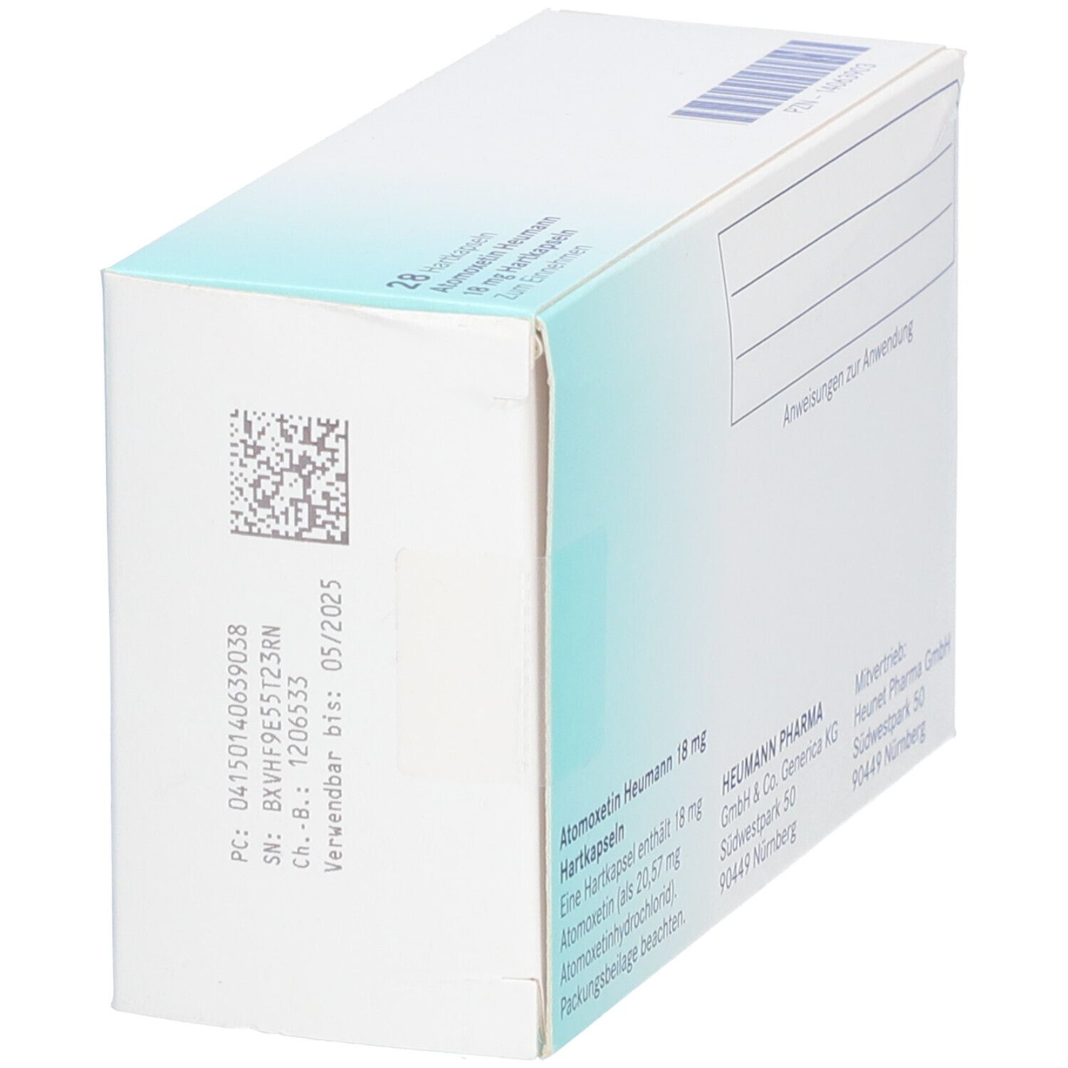 Seitenansicht der Atomoxetin Heumann 18 mg Schachtel. Verfallsdatum 05/2025. Herstellerinformationen. Heumann Pharma.