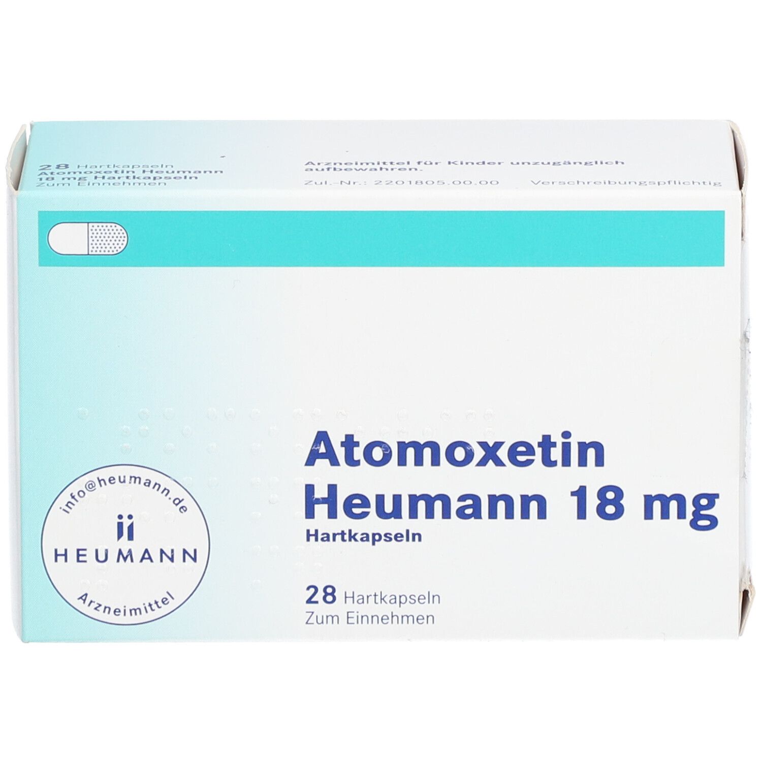 Atomoxetin Heumann 18 mg Hartkapseln. Weiße Schachtel mit blauer Schrift. 28 Kapseln. Heumann Logo.