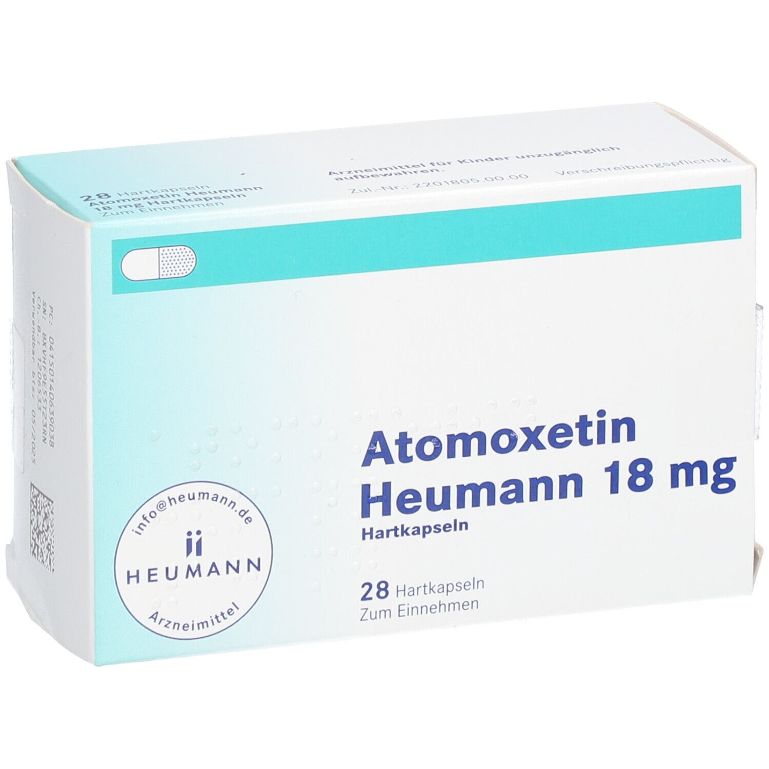 Atomoxetin Heumann 18 mg Hartkapseln. Weiße Schachtel mit blauer Schrift. 28 Kapseln. Heumann Logo.