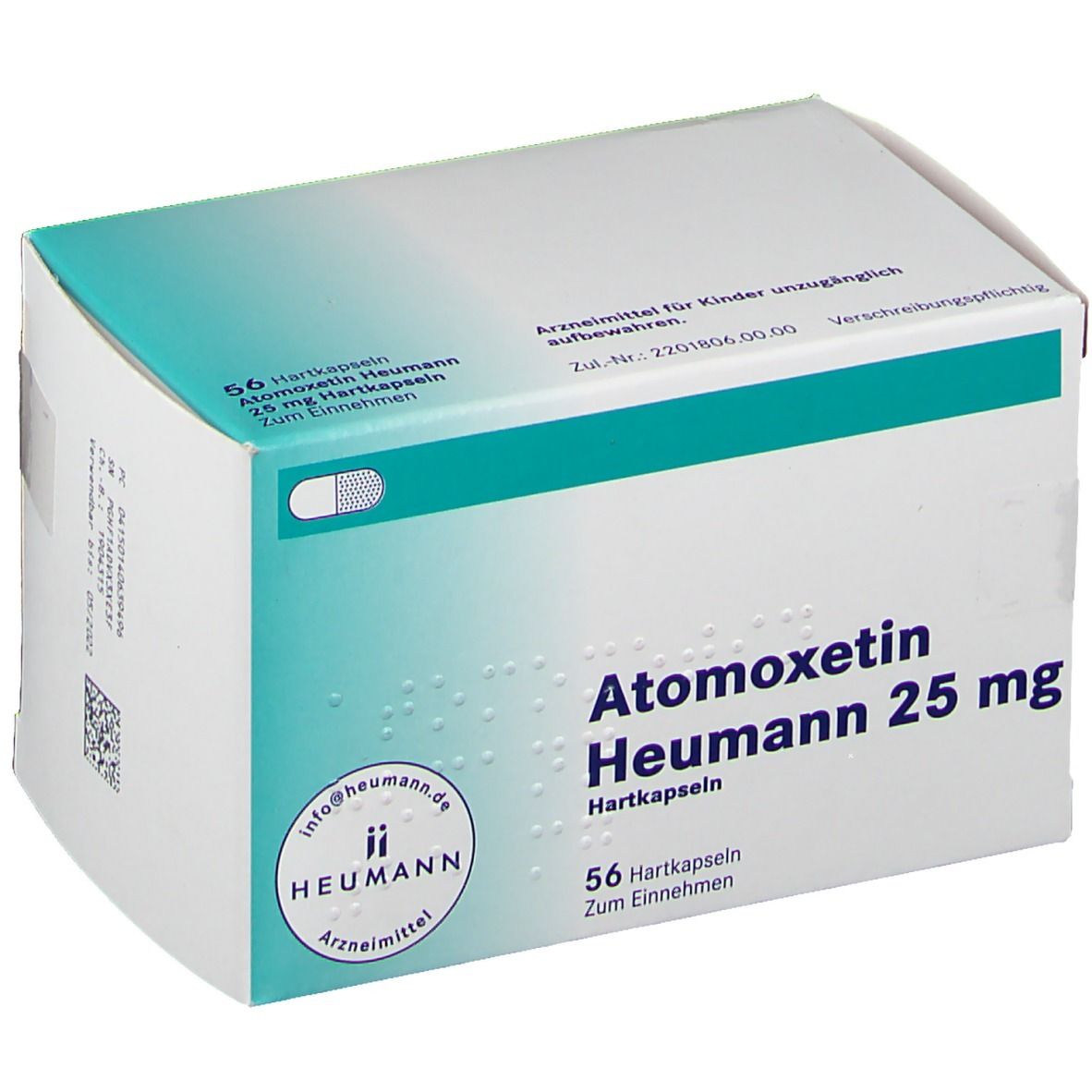 Atomoxetin Heumann 25 mg Hartkapseln. Weiße Schachtel mit türkisfarbenem Streifen. Aufdruck: 56 Hartkapseln. Heumann Logo.