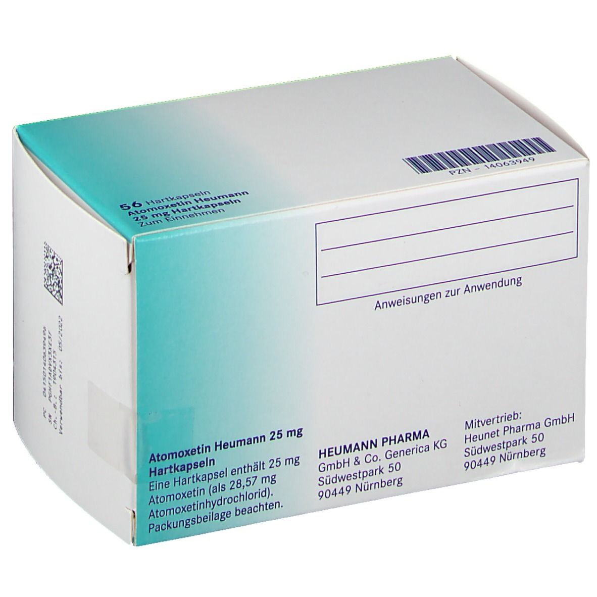 Atomoxetin Heumann 25 mg Hartkapseln. Weiße Schachtel mit türkisfarbenem Streifen. Aufdruck: 56 Hartkapseln. Heumann Logo.