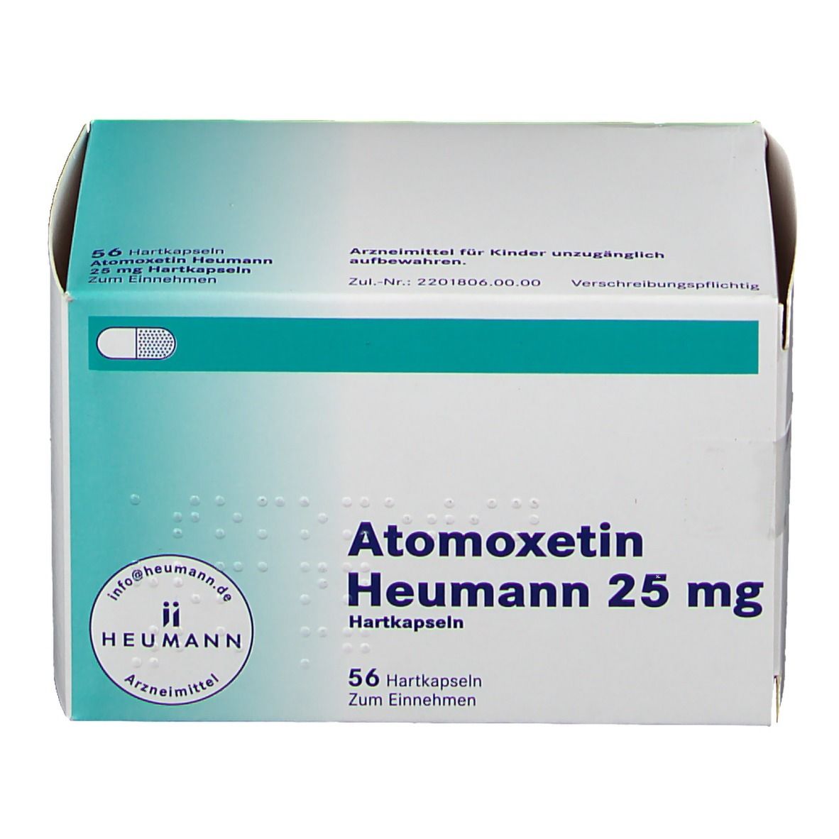 Atomoxetin Heumann 25 mg Hartkapseln. Weiße Schachtel mit türkisfarbenem Streifen. Aufdruck: 56 Hartkapseln. Heumann Logo.