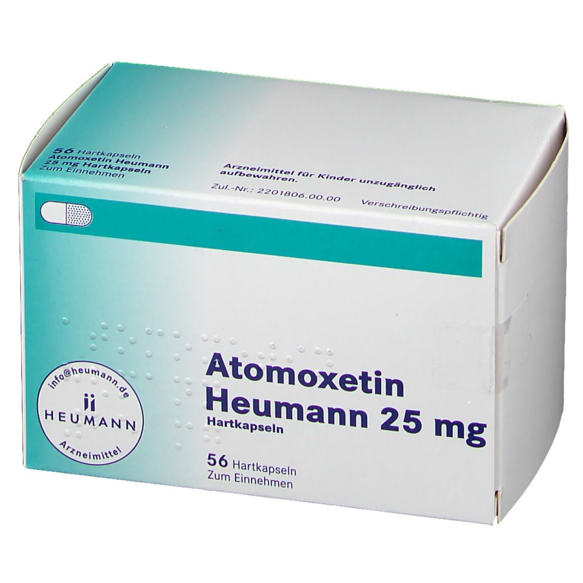 Atomoxetin Heumann 25 mg Hartkapseln. Weiße Schachtel mit türkisfarbenem Streifen. Aufdruck: 56 Hartkapseln. Heumann Logo.