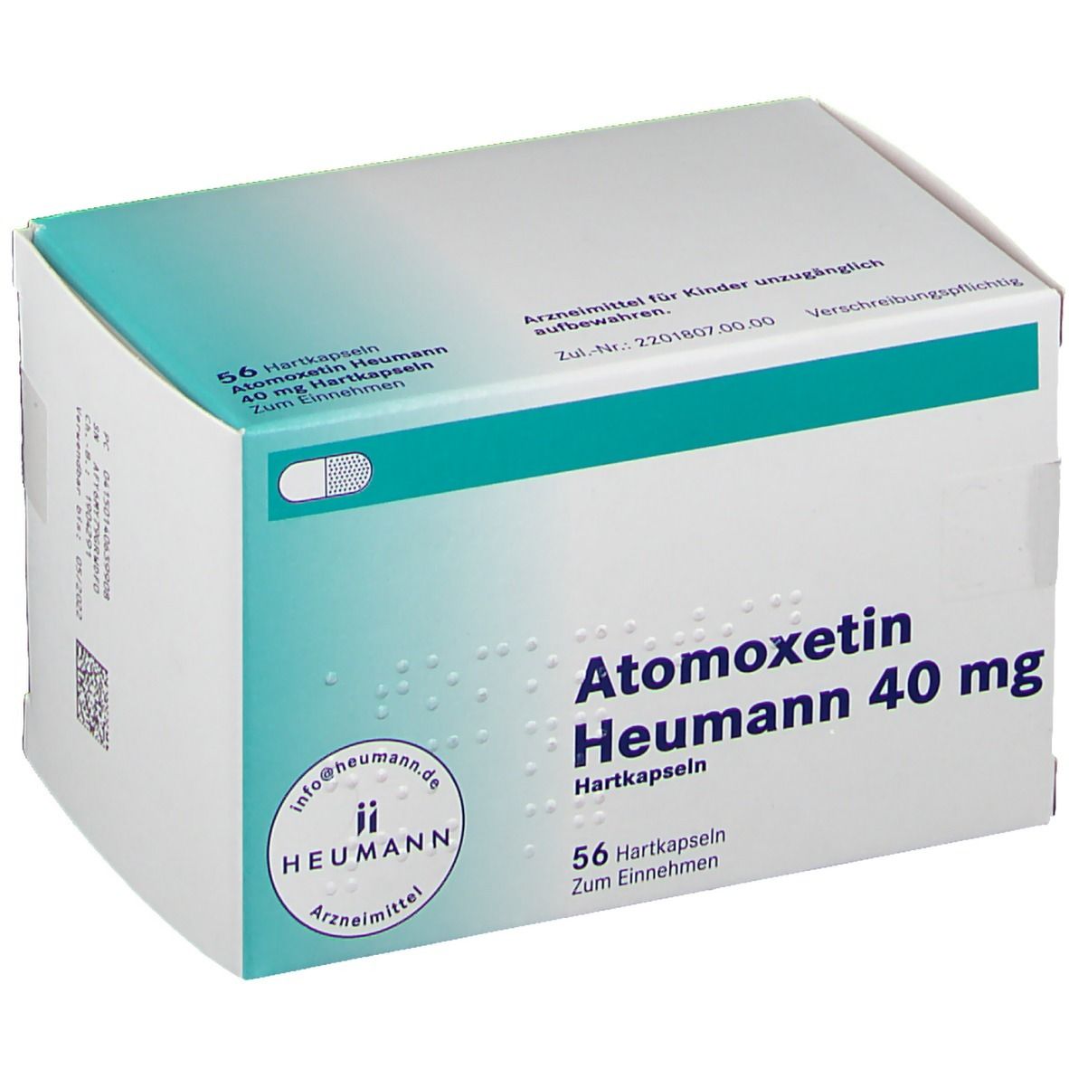 Atomoxetin Heumann 40 mg Hartkapseln-Packung. 56 Kapseln. Weiß-türkis-farbener Karton. Heumann-Logo.