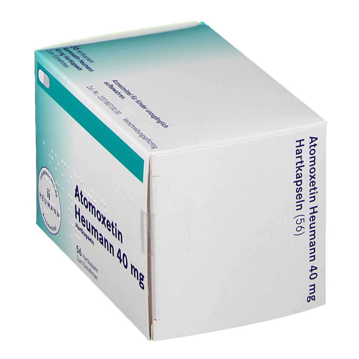Atomoxetin Heumann 40 mg Hartkapseln-Packung. 56 Kapseln. Weiß-türkis-farbener Karton. Heumann-Logo.