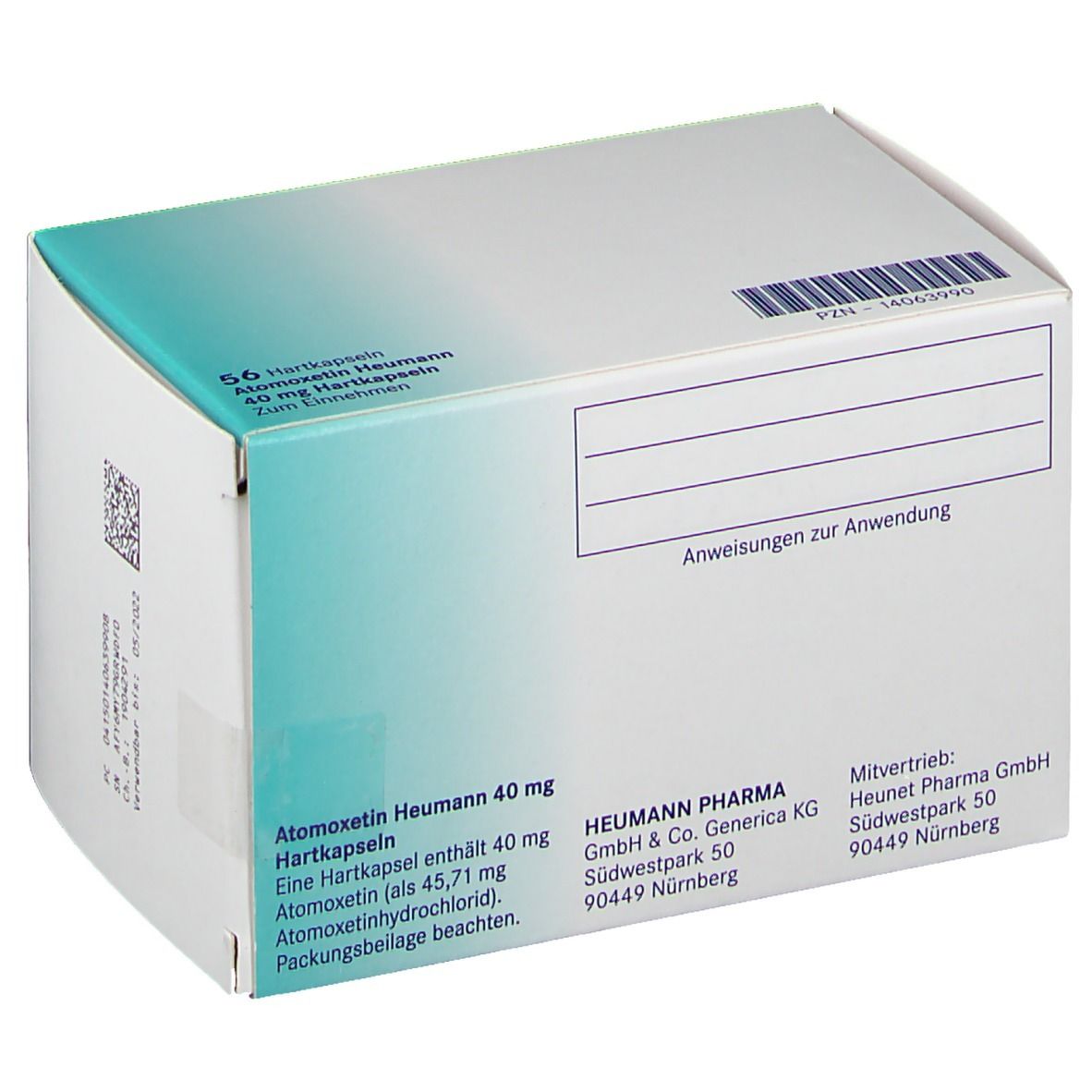 Atomoxetin Heumann 40 mg Hartkapseln-Packung. Rückseite. Text, Barcode. Heumann Pharma GmbH & Co. Generica KG.
