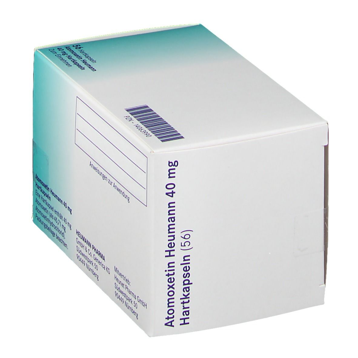 Atomoxetin Heumann 40 mg Hartkapseln-Packung. Rückseite. Text, Barcode. Heumann Pharma GmbH & Co. Generica KG.