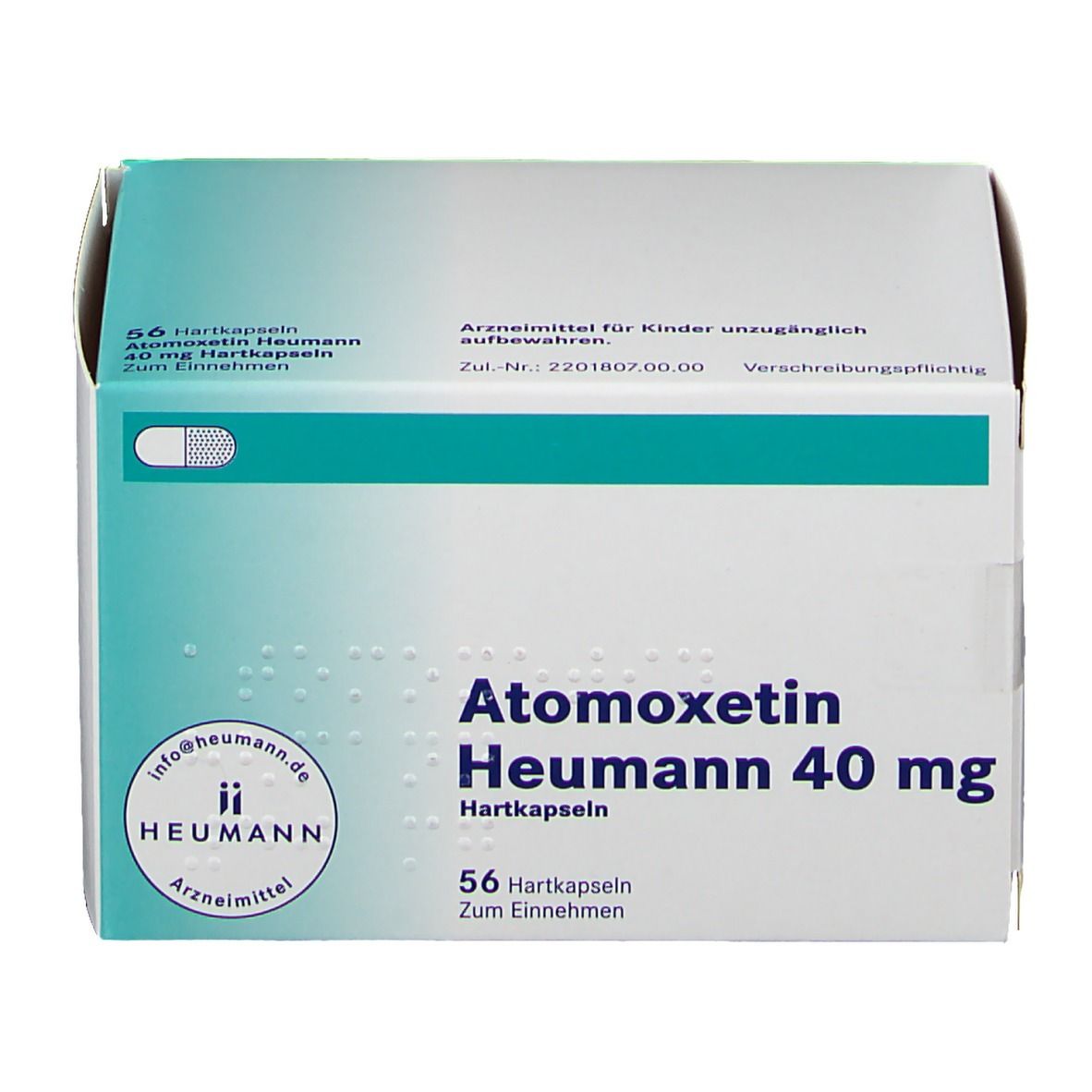 Atomoxetin Heumann 40 mg Hartkapseln-Packung. 56 Kapseln. Weiß-türkis-farbener Karton. Heumann-Logo.