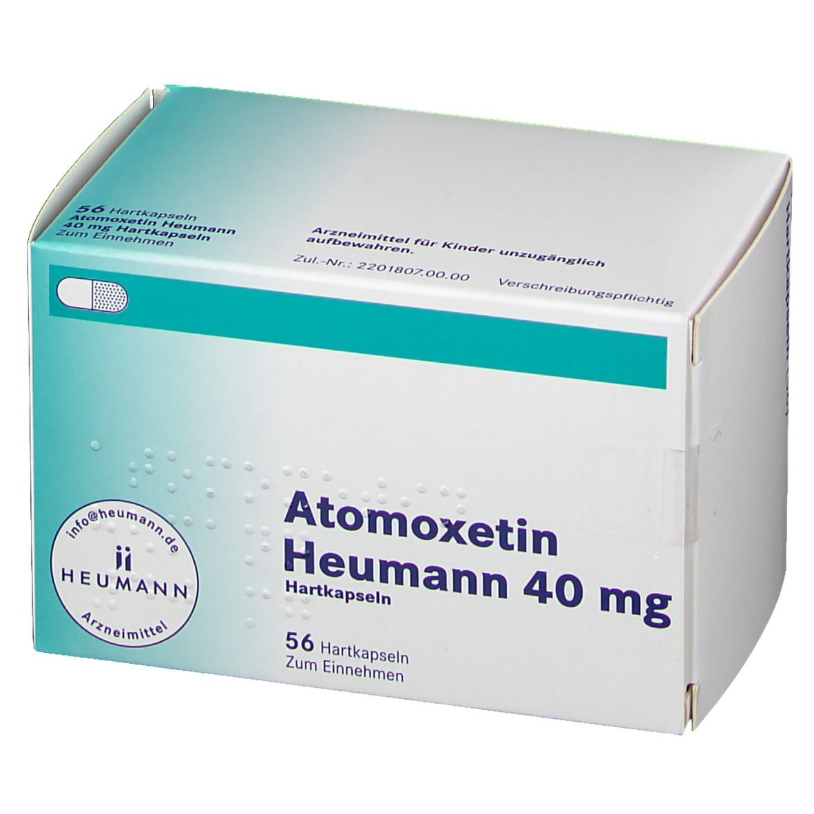 Atomoxetin Heumann 40 mg Hartkapseln-Packung. 56 Kapseln. Weiß-türkis-farbener Karton. Heumann-Logo.