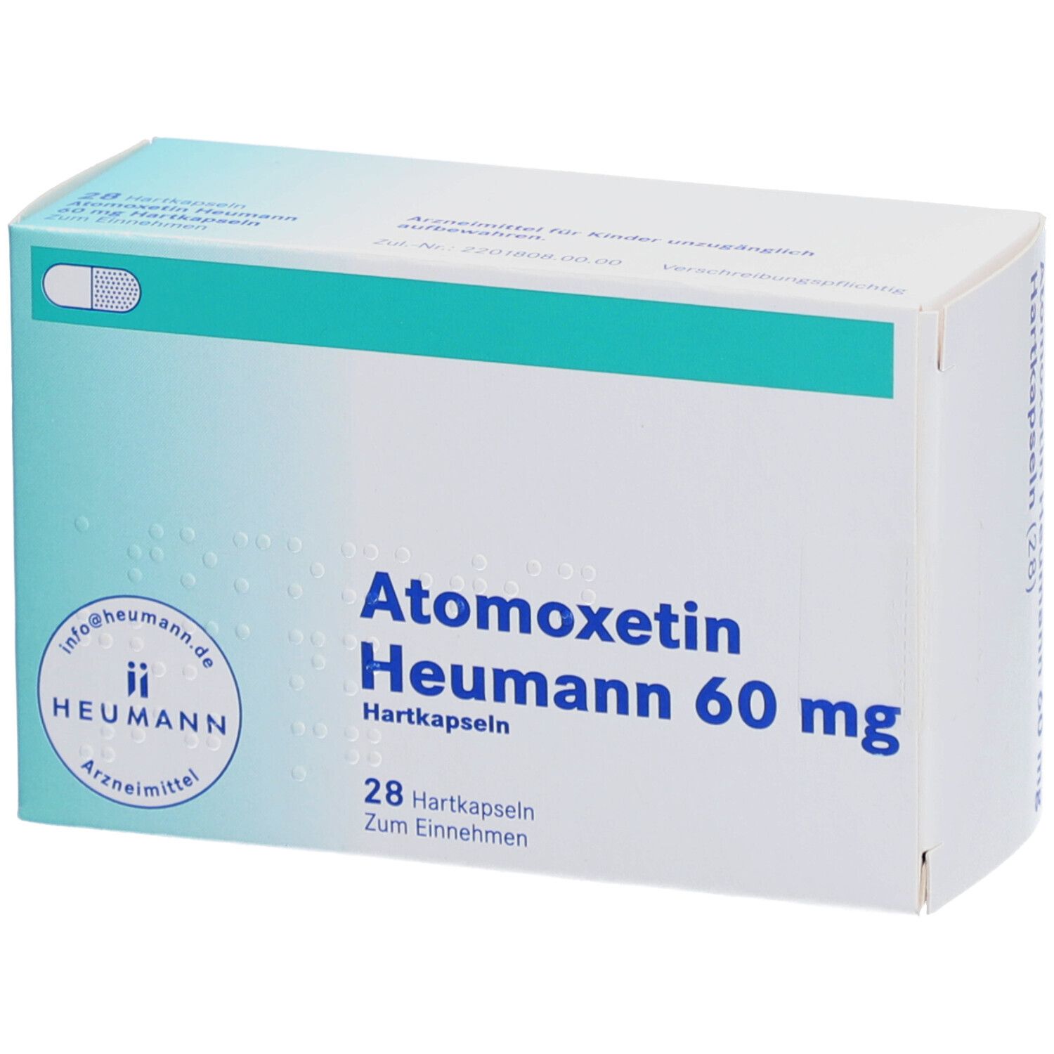 Schachtel mit Atomoxetin Heumann 60 mg Hartkapseln. Aufschrift: 28 Hartkapseln. Heumann Logo.