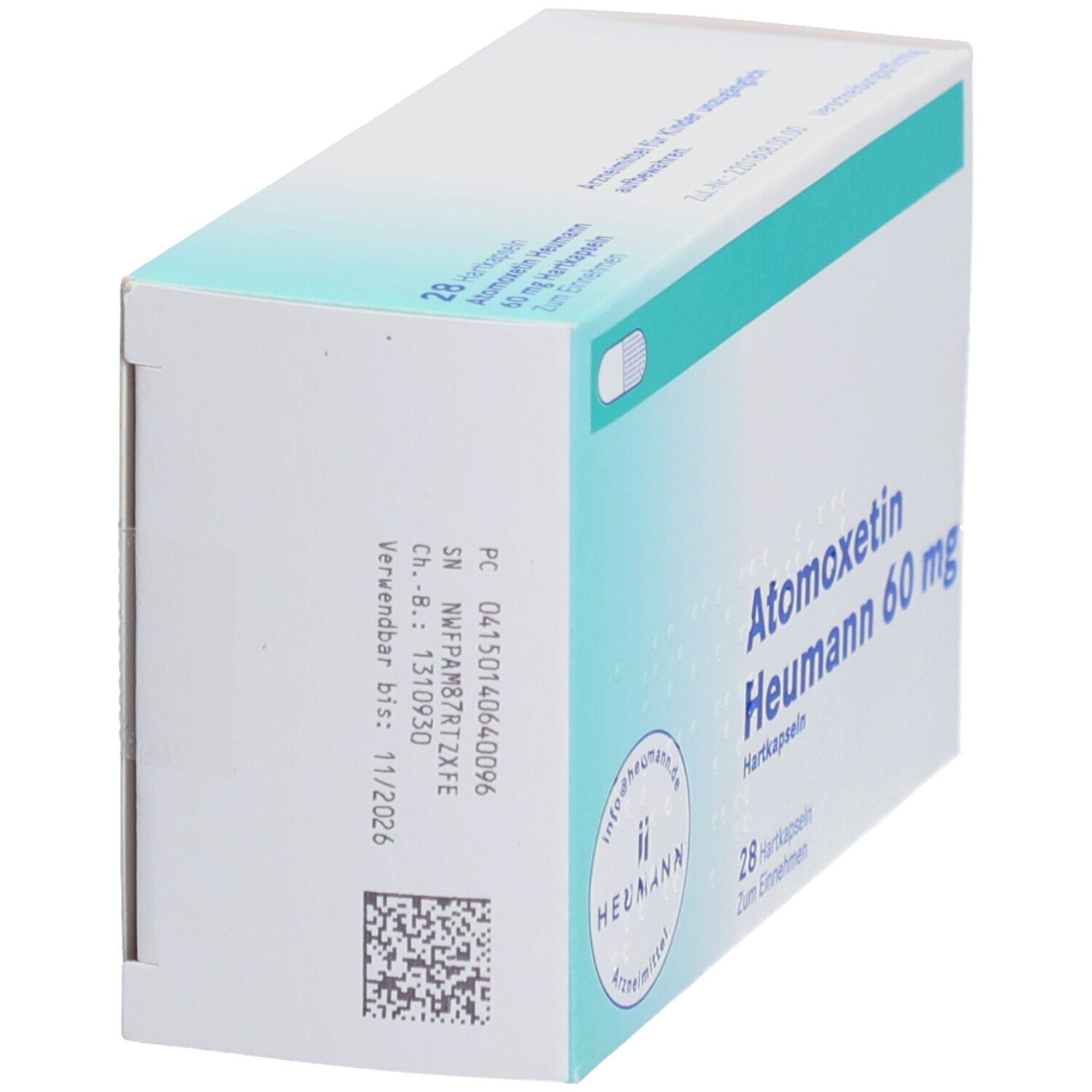 Schachtel Atomoxetin Heumann 60 mg, Seitenansicht. Aufdruck mit Chargennummer, Verfallsdatum und Barcode. Heumann Logo.