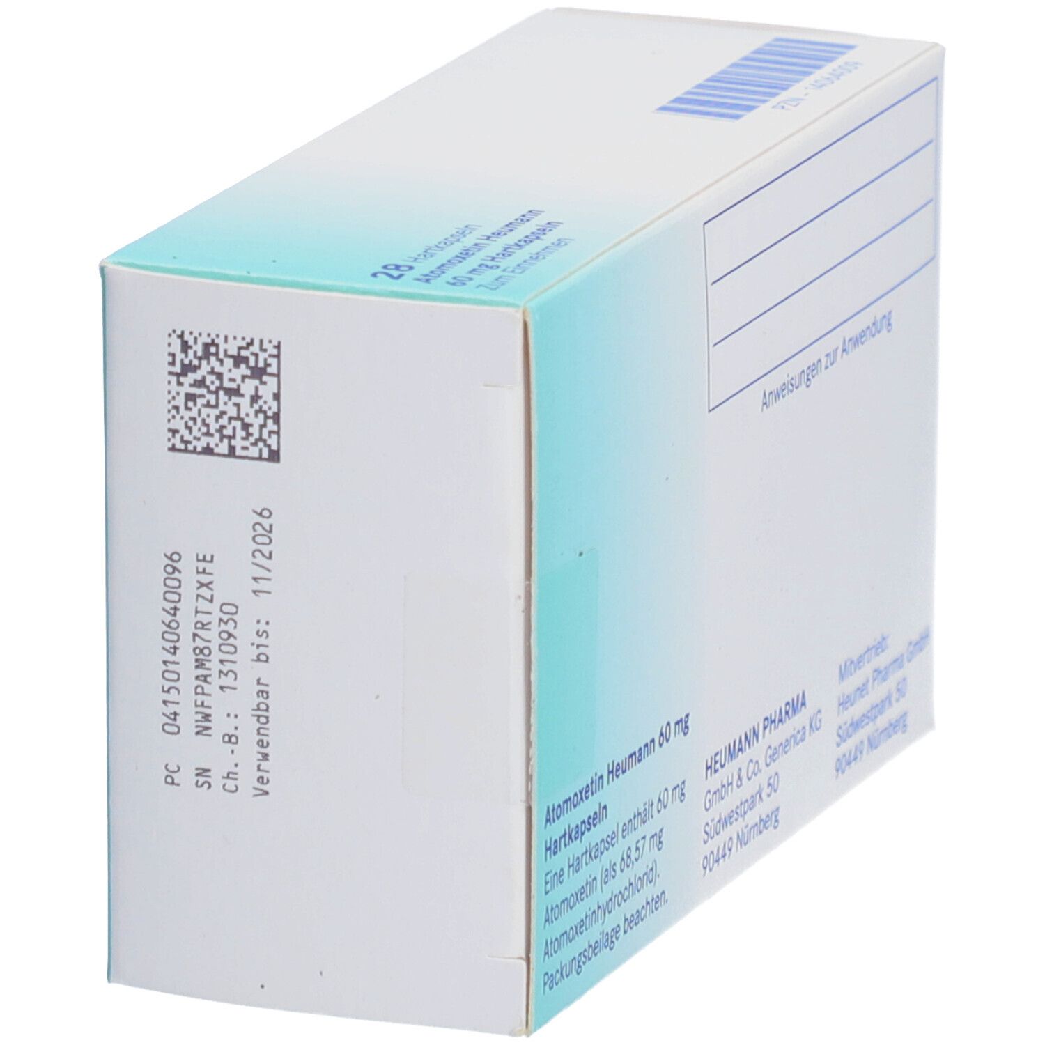 Schachtel Atomoxetin Heumann 60 mg, Seitenansicht. Barcode und Text: Verwendbar bis: 11/2026. Heumann Logo.