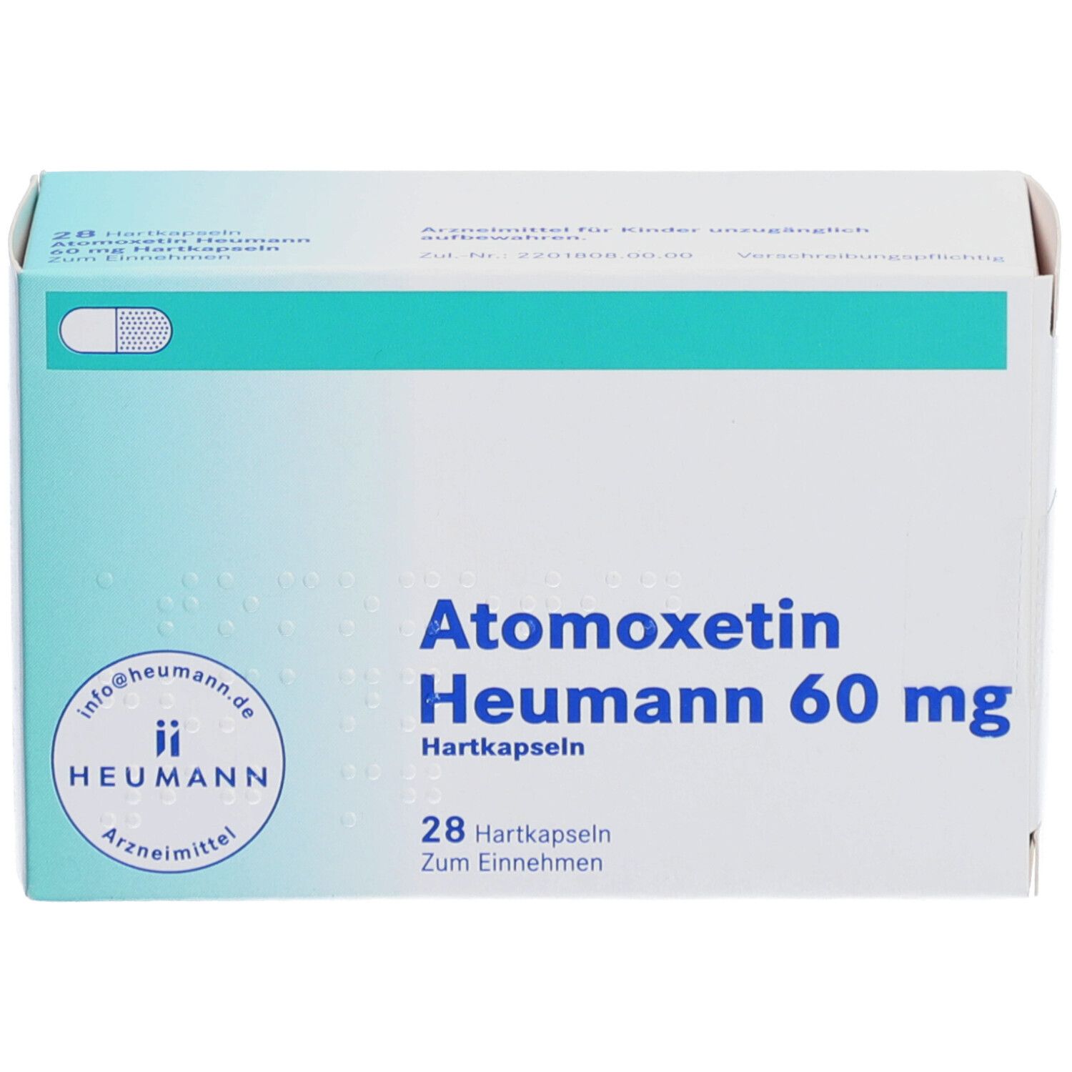 Schachtel Atomoxetin Heumann 60 mg. Aufschrift: 28 Hartkapseln. Heumann Logo. Arzneimittel.