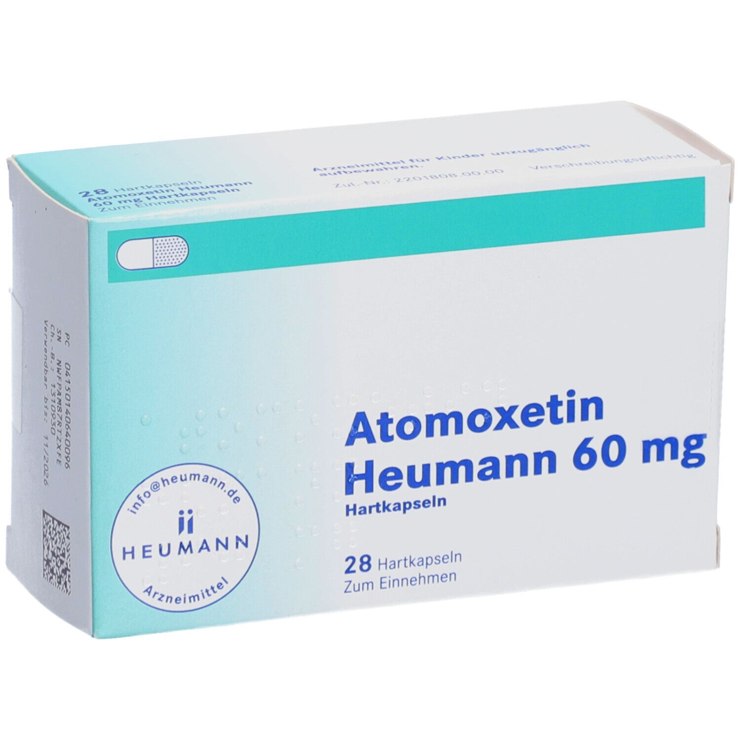 Schachtel Atomoxetin Heumann 60 mg. Aufschrift: 28 Hartkapseln. Heumann Logo. Arzneimittel.