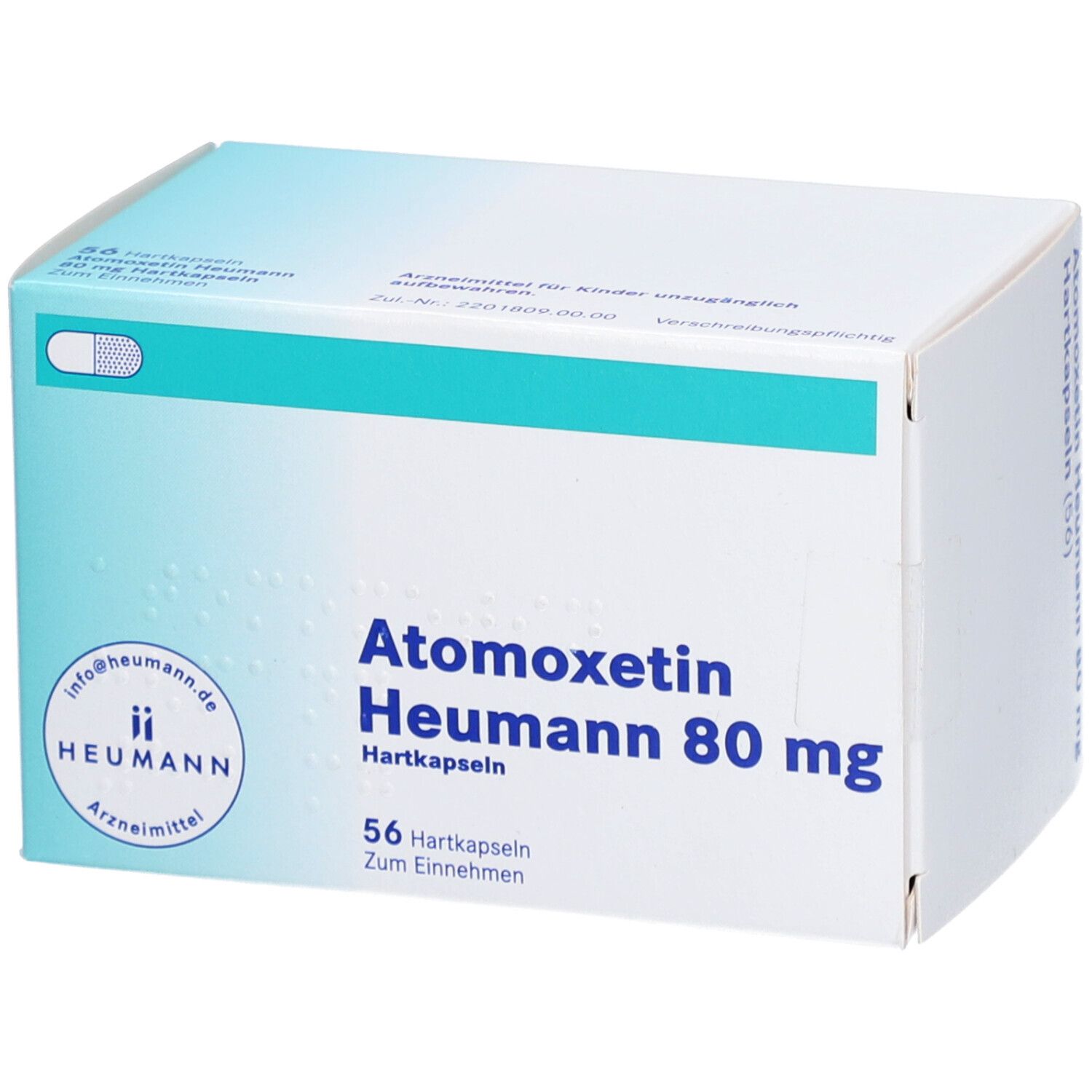 Atomoxetin Heumann 80 mg, 56 Hartkapseln. Weiße Schachtel mit blauem Streifen. Heumann Logo.