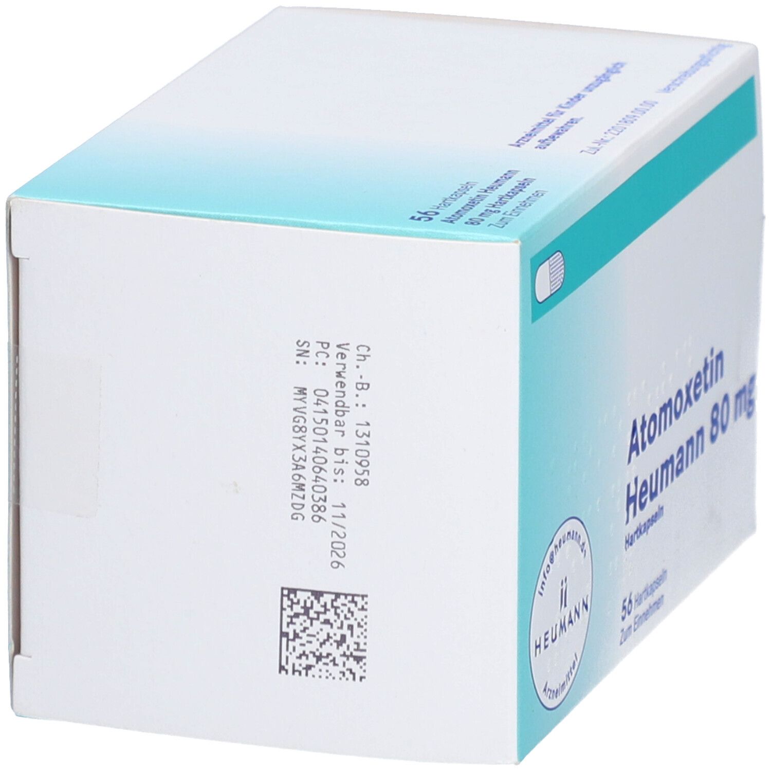 Seitenansicht der Atomoxetin Heumann 80 mg Packung. Text mit Chargennummer, Verfallsdatum und Barcode.